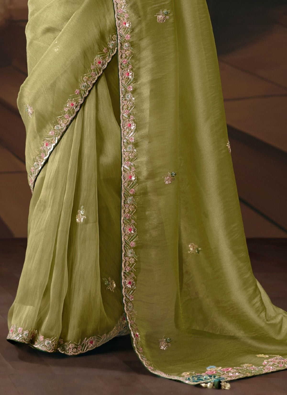 Sage Green Celebration Fancy Saree With Premium Blouse Piece - TrendOye
