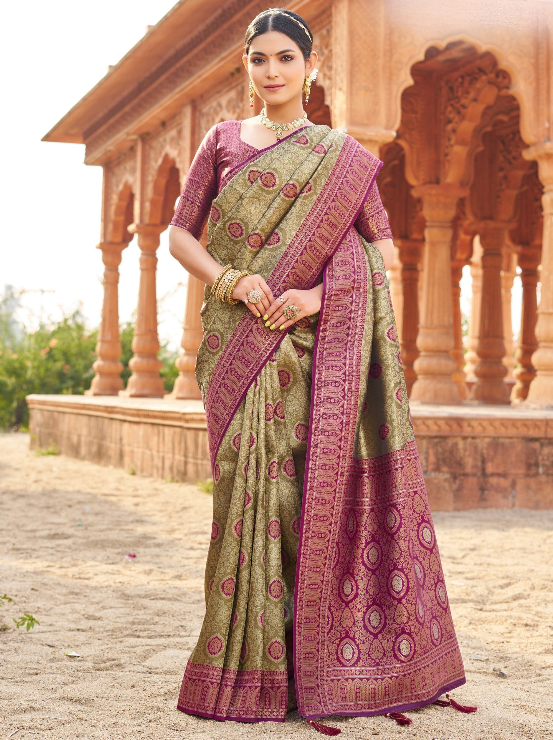 Olive Green Premium Soft Silk Festive Saree - TrendOye