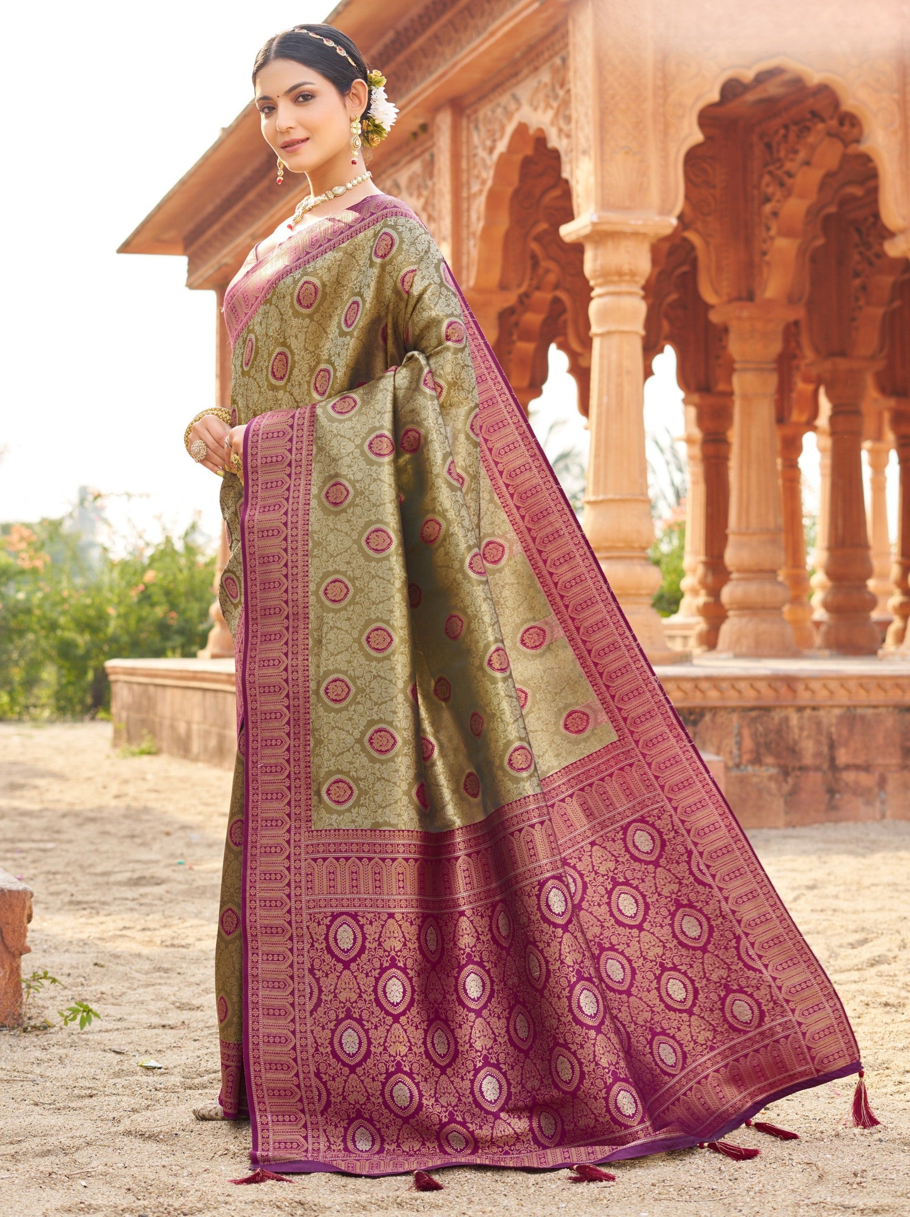 Olive Green Premium Soft Silk Festive Saree - TrendOye