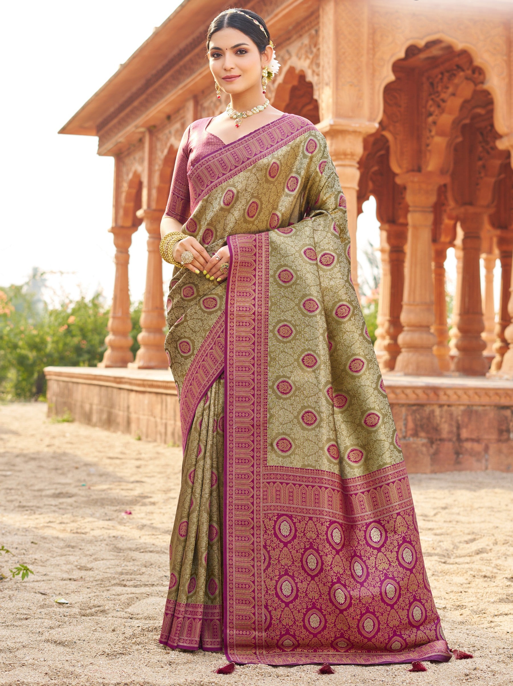 Olive Green Premium Soft Silk Festive Saree - TrendOye