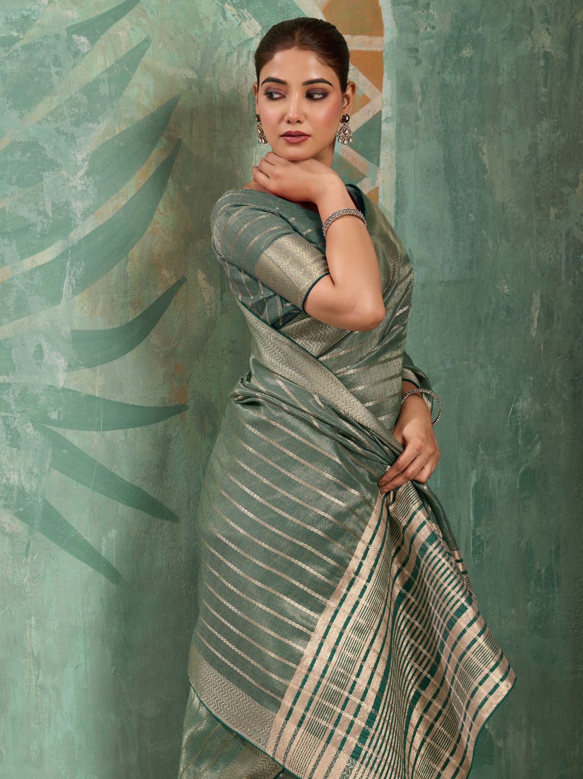 Basil Green Cotton Tissue Saree with Soft Gold Zari Woven