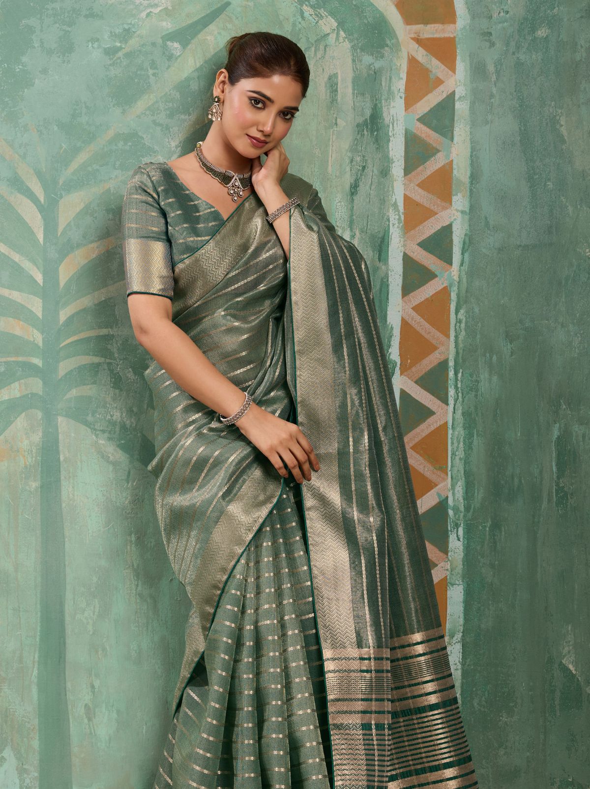 Basil Green Cotton Tissue Saree with Soft Gold Zari Woven