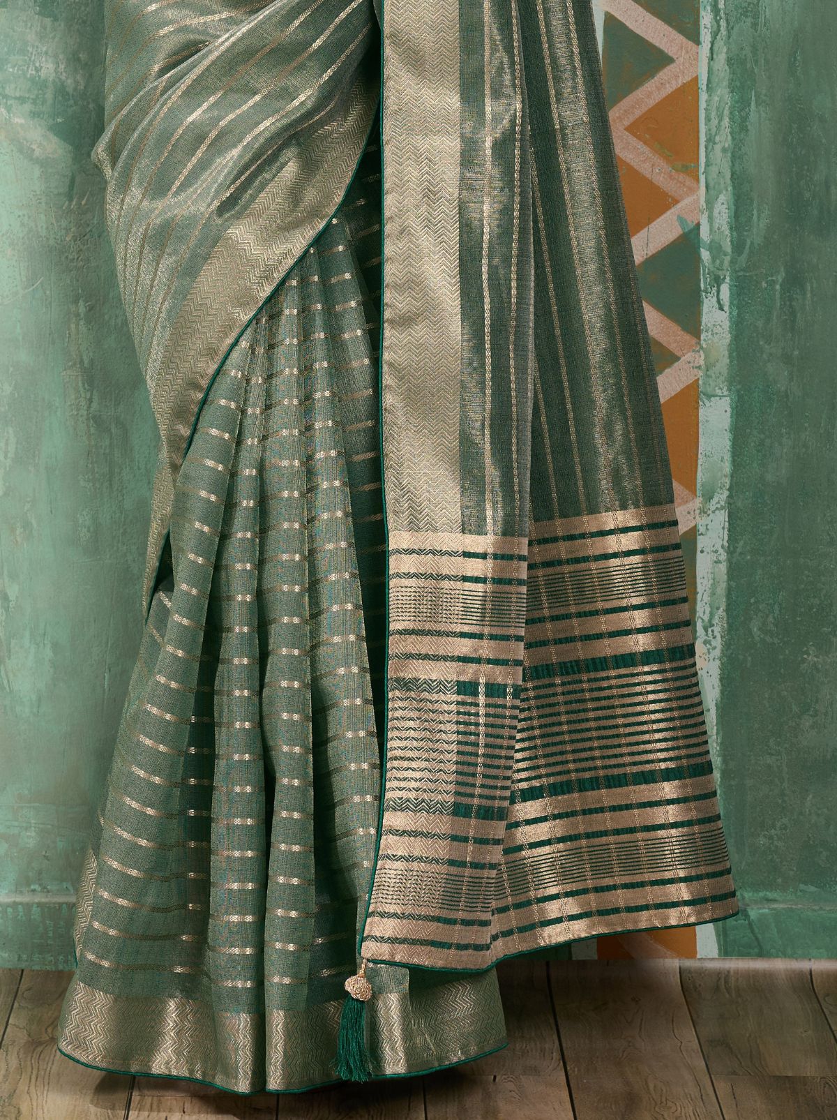 Basil Green Cotton Tissue Saree with Soft Gold Zari Woven