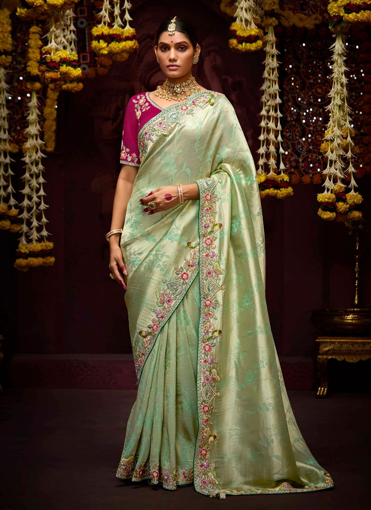 Pastel Green Designer Banarasi Kanjivaram Silk Saree for Wedding - TrendOye