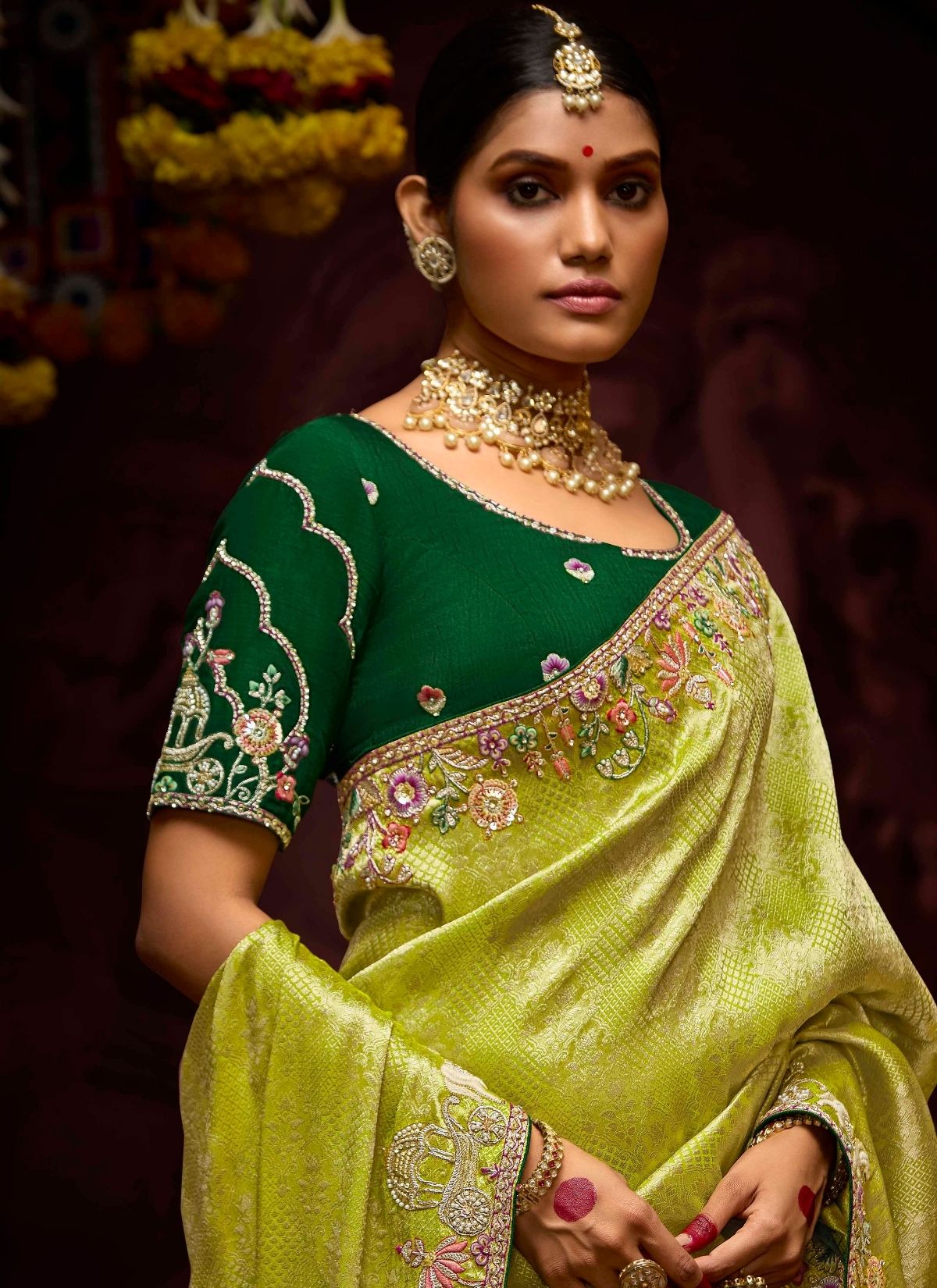 Apple Green Designer Banarasi Kanjivaram Silk Saree for Wedding - TrendOye