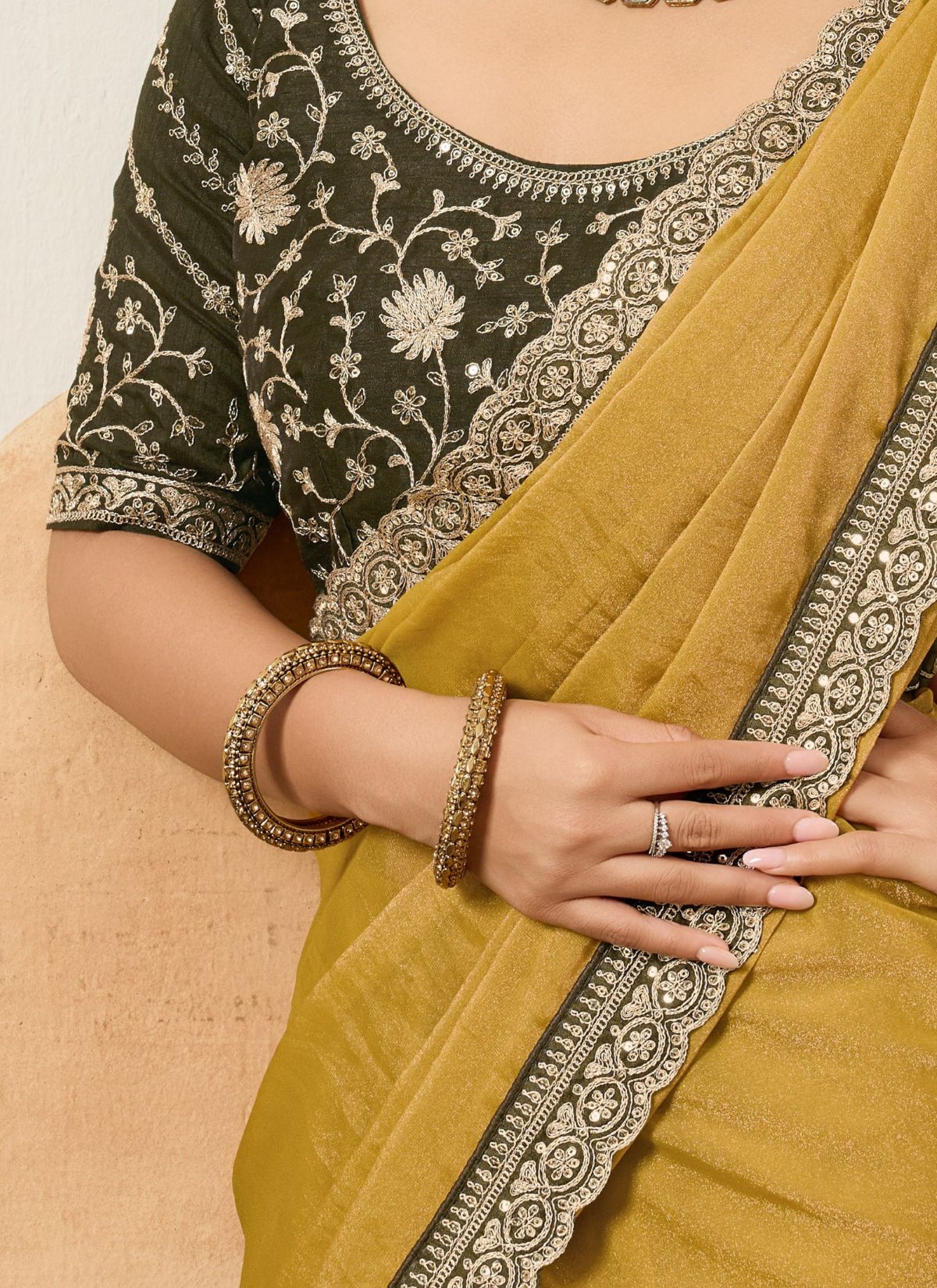 Olive Green Designer Festive saree With Zari Work - TrendOye