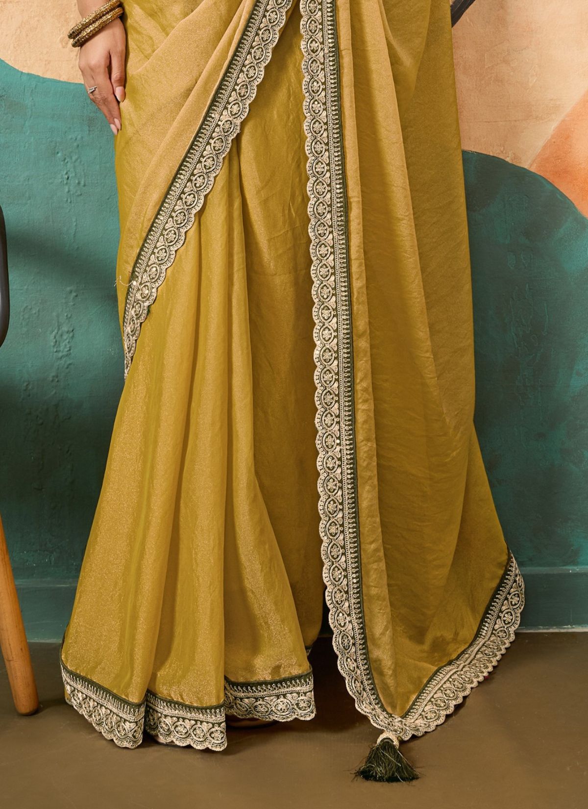 Olive Green Designer Festive saree With Zari Work - TrendOye
