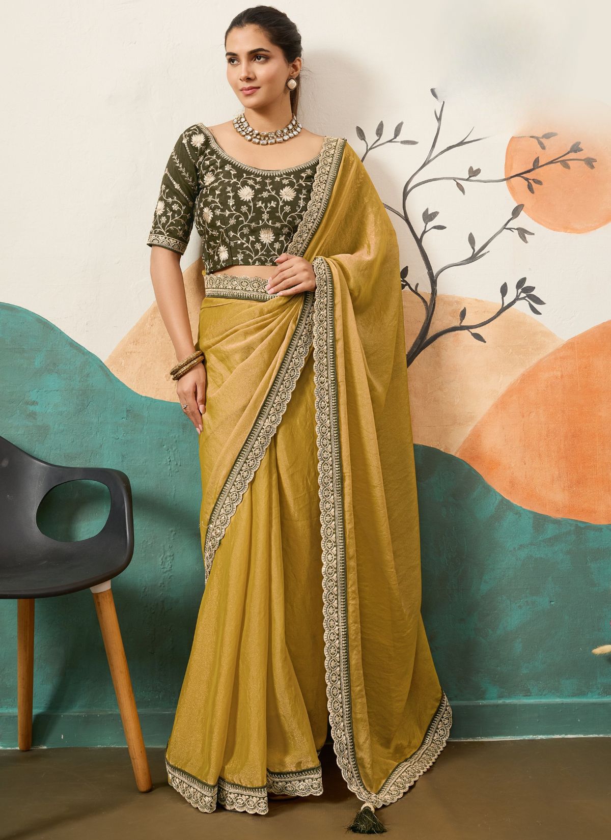 Olive Green Designer Festive saree With Zari Work - TrendOye