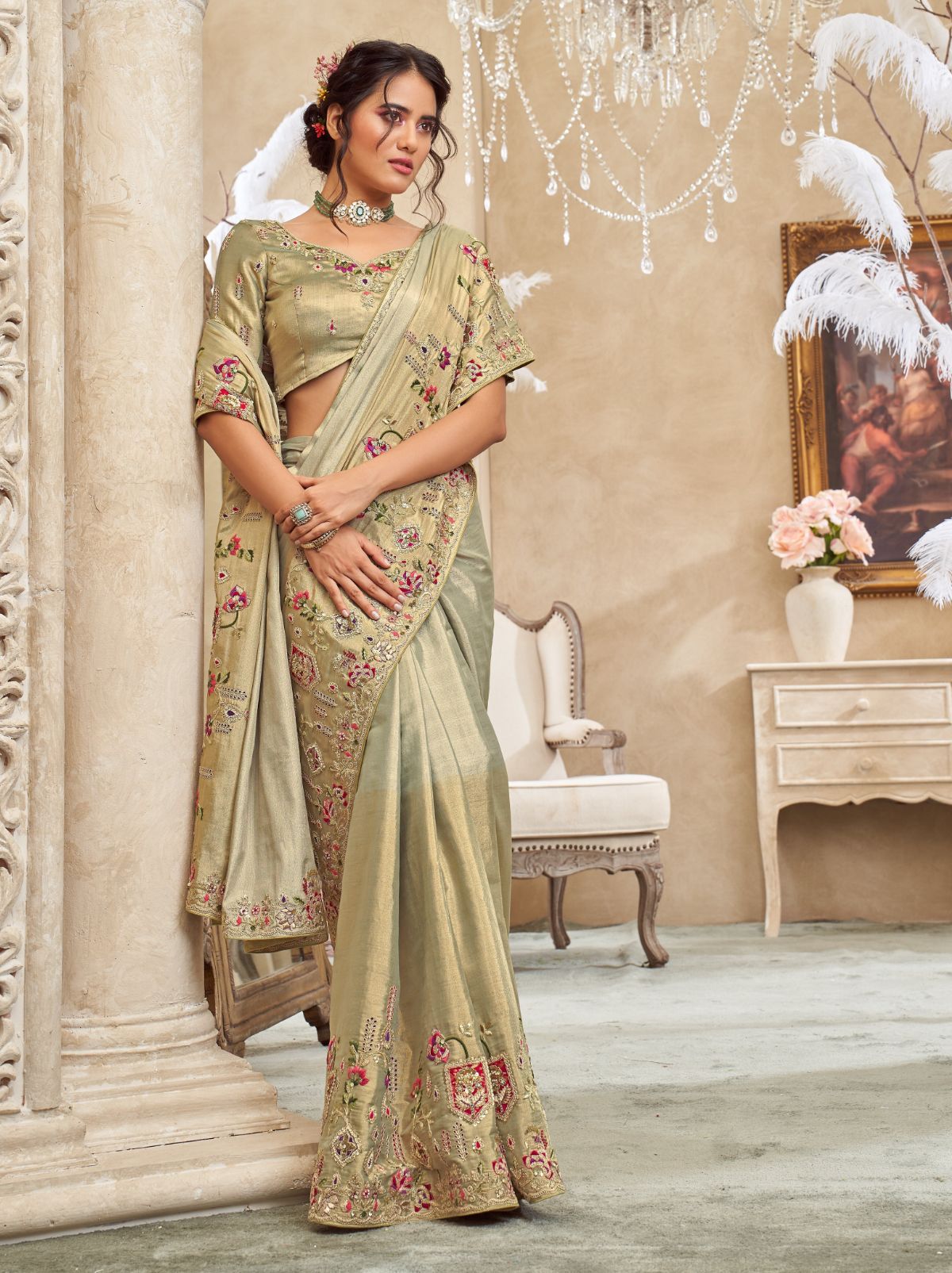 Pista Green Designer Luxury Fine Silk Saree With Heavy Work