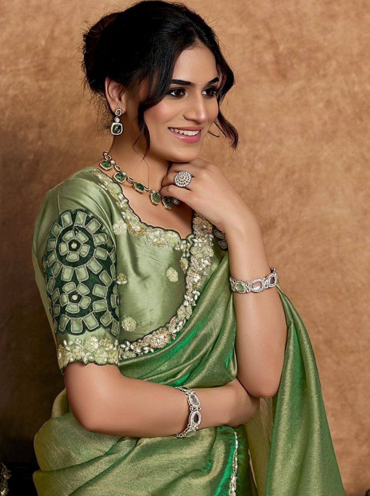 Moss Green Designer Party Wear Saree With Blouse Piece