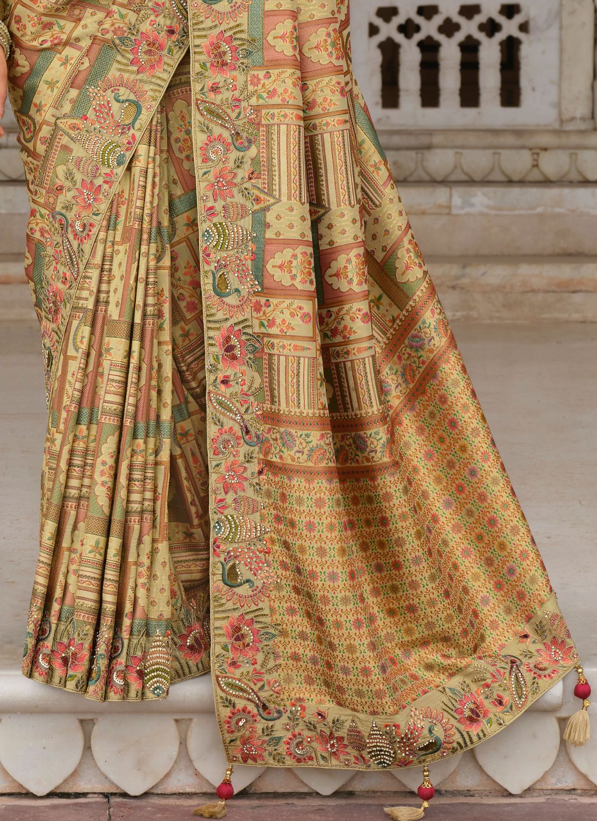 Pastel Moss Green Designer Premium Silk Saree With Hand-Embroidery - TrendOye