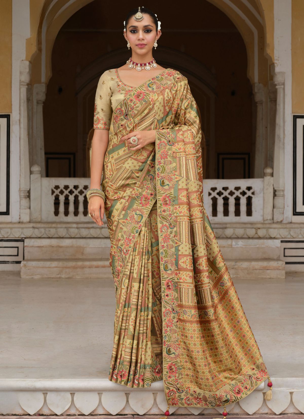 Pastel Moss Green Designer Premium Silk Saree With Hand-Embroidery - TrendOye