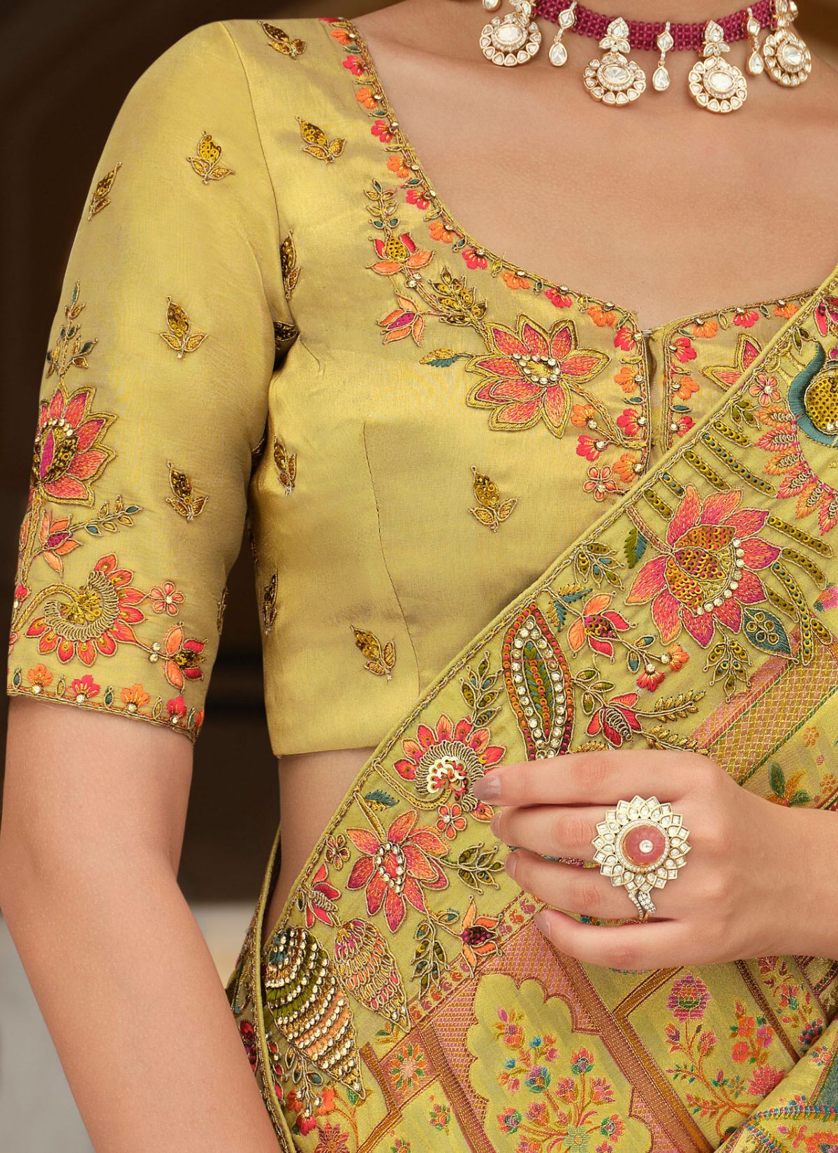 Lime Green Designer Premium Silk Saree With Hand-Embroidery - TrendOye