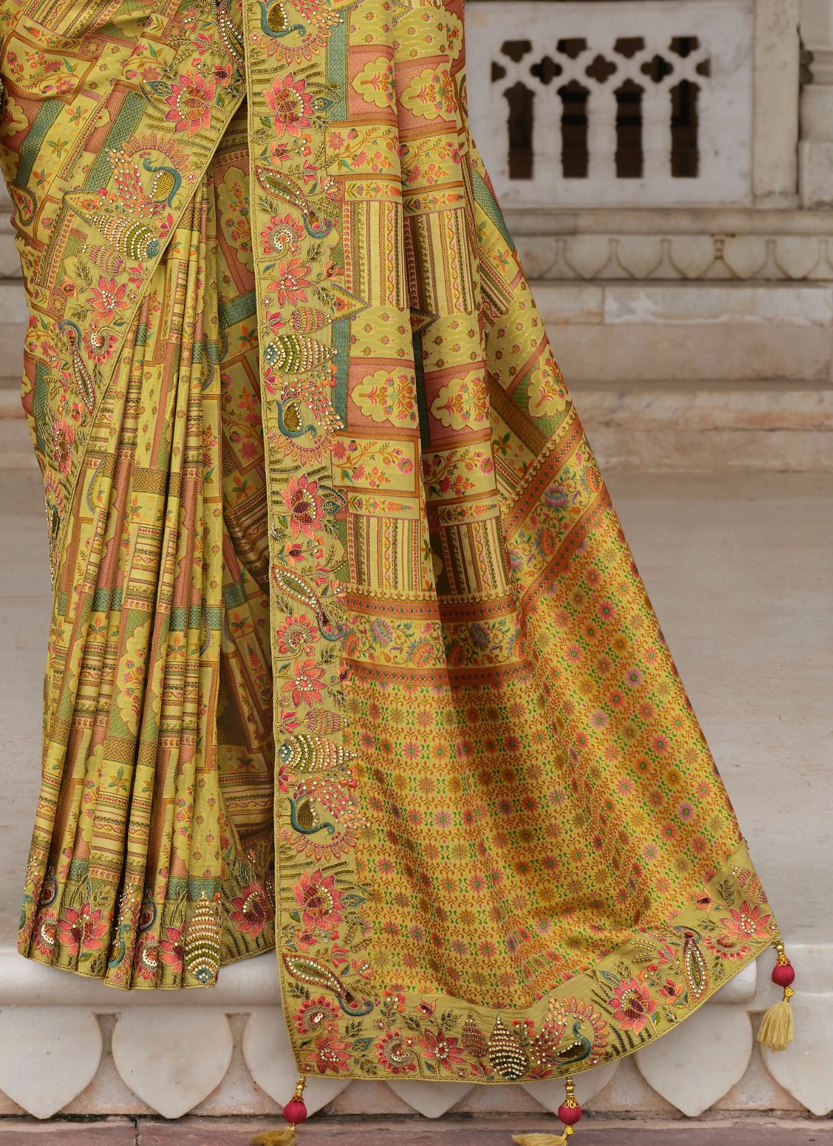 Lime Green Designer Premium Silk Saree With Hand-Embroidery - TrendOye