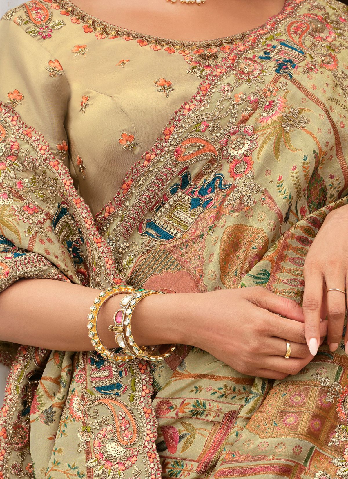 Pastel Olive Green Designer Premium Silk Saree With Heavy Work - TrendOye