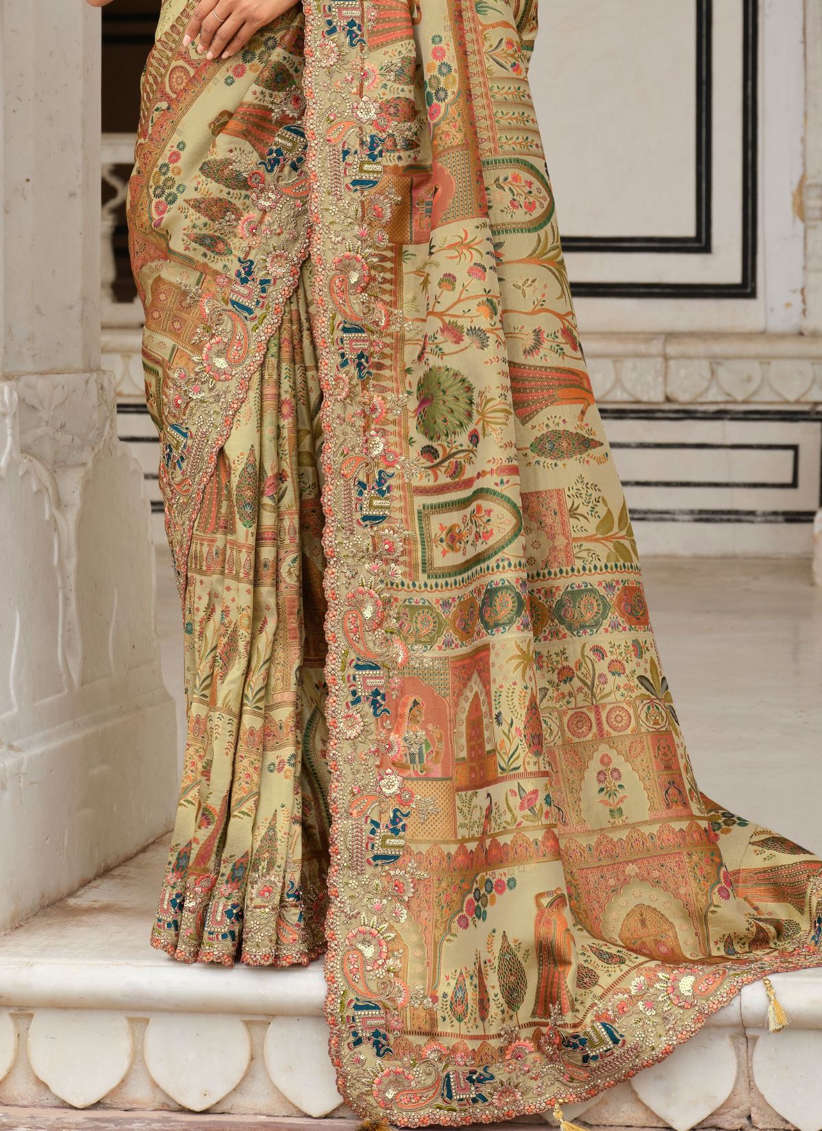 Pastel Olive Green Designer Premium Silk Saree With Heavy Work - TrendOye