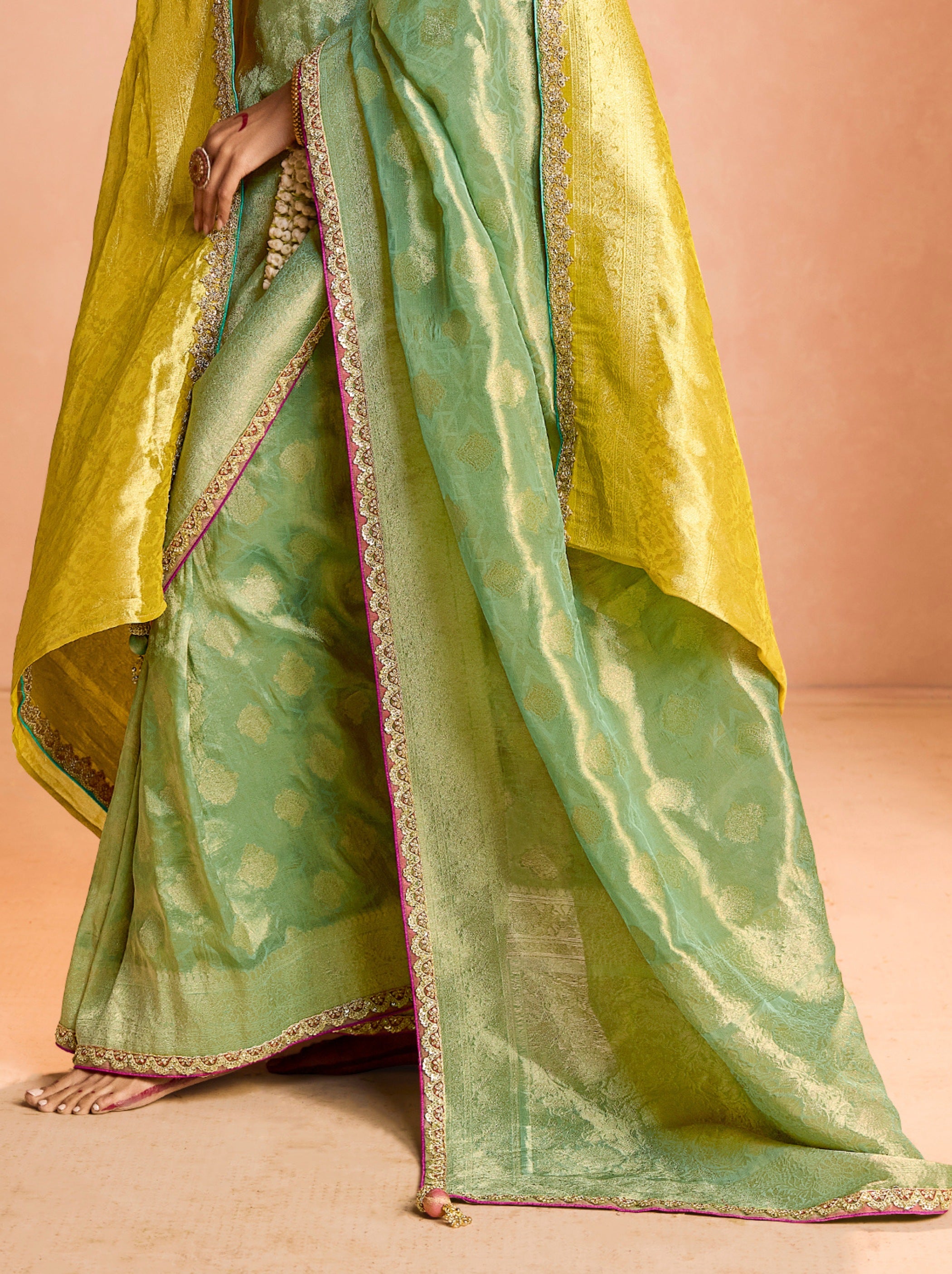 Pistachio Green Zari Tissue Silk Wedding Party Saree - TrendOye