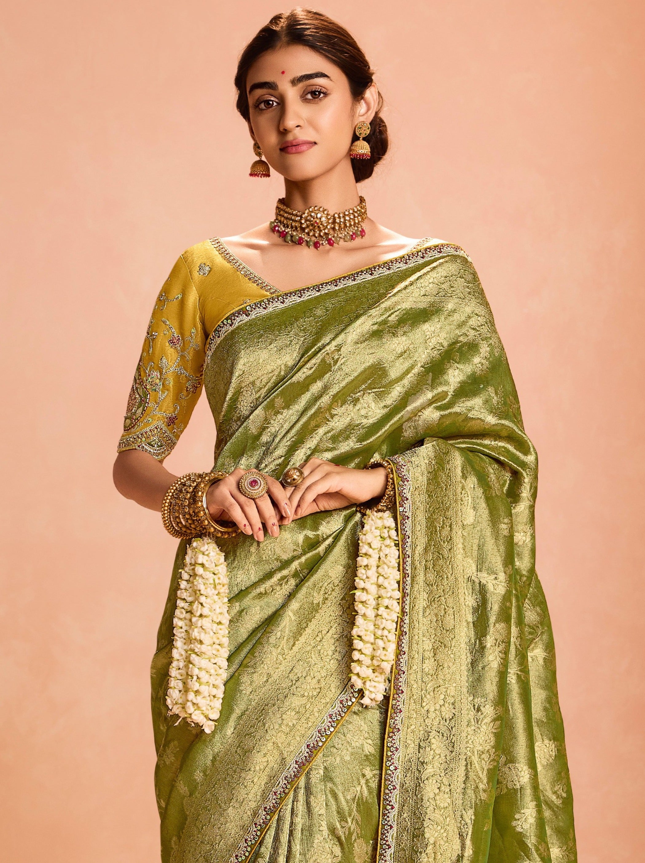 Olive Green Zari Tissue Silk Wedding Party Saree - TrendOye