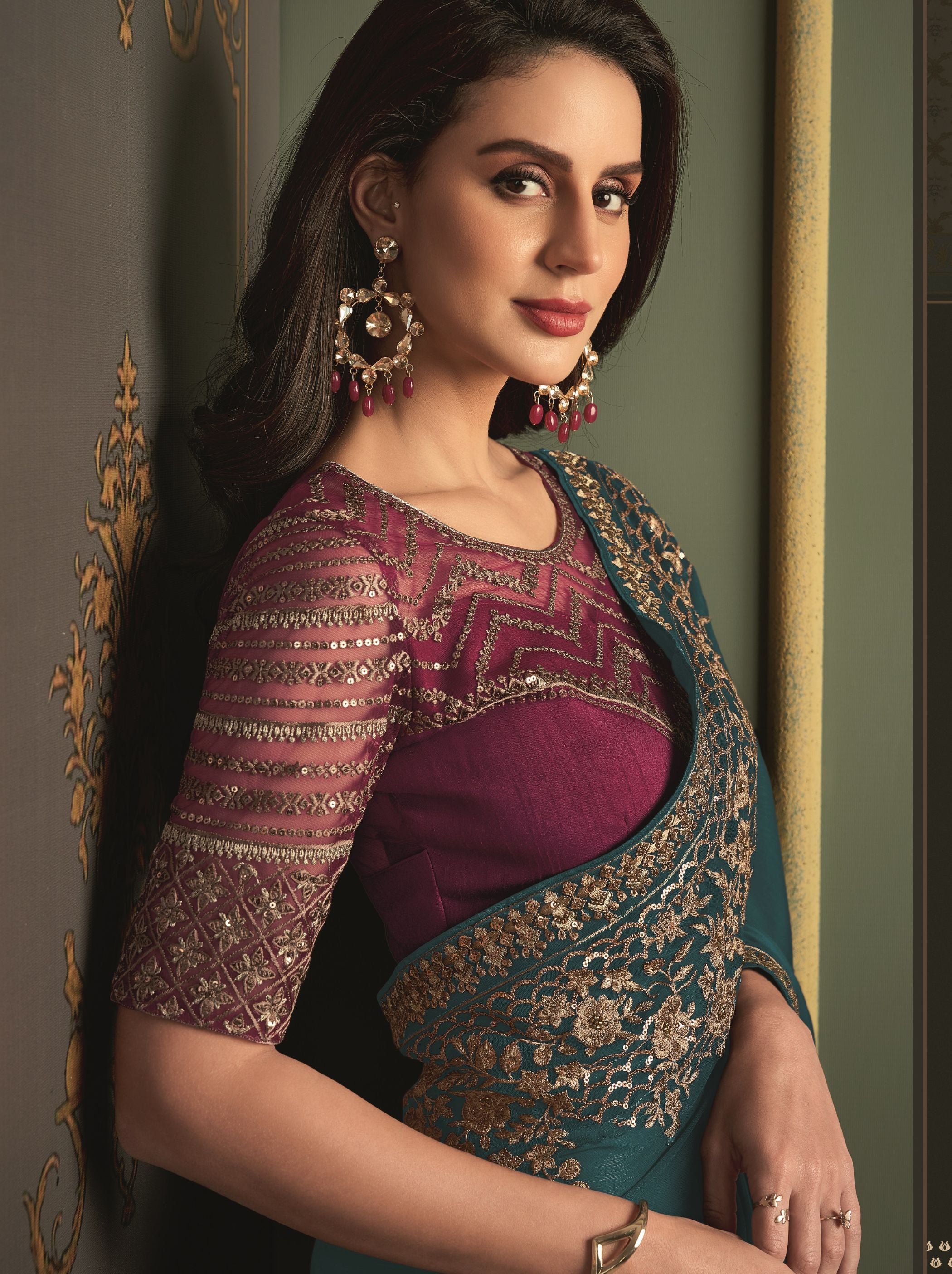 Forest Green premium Georgette Saree - TrendOye