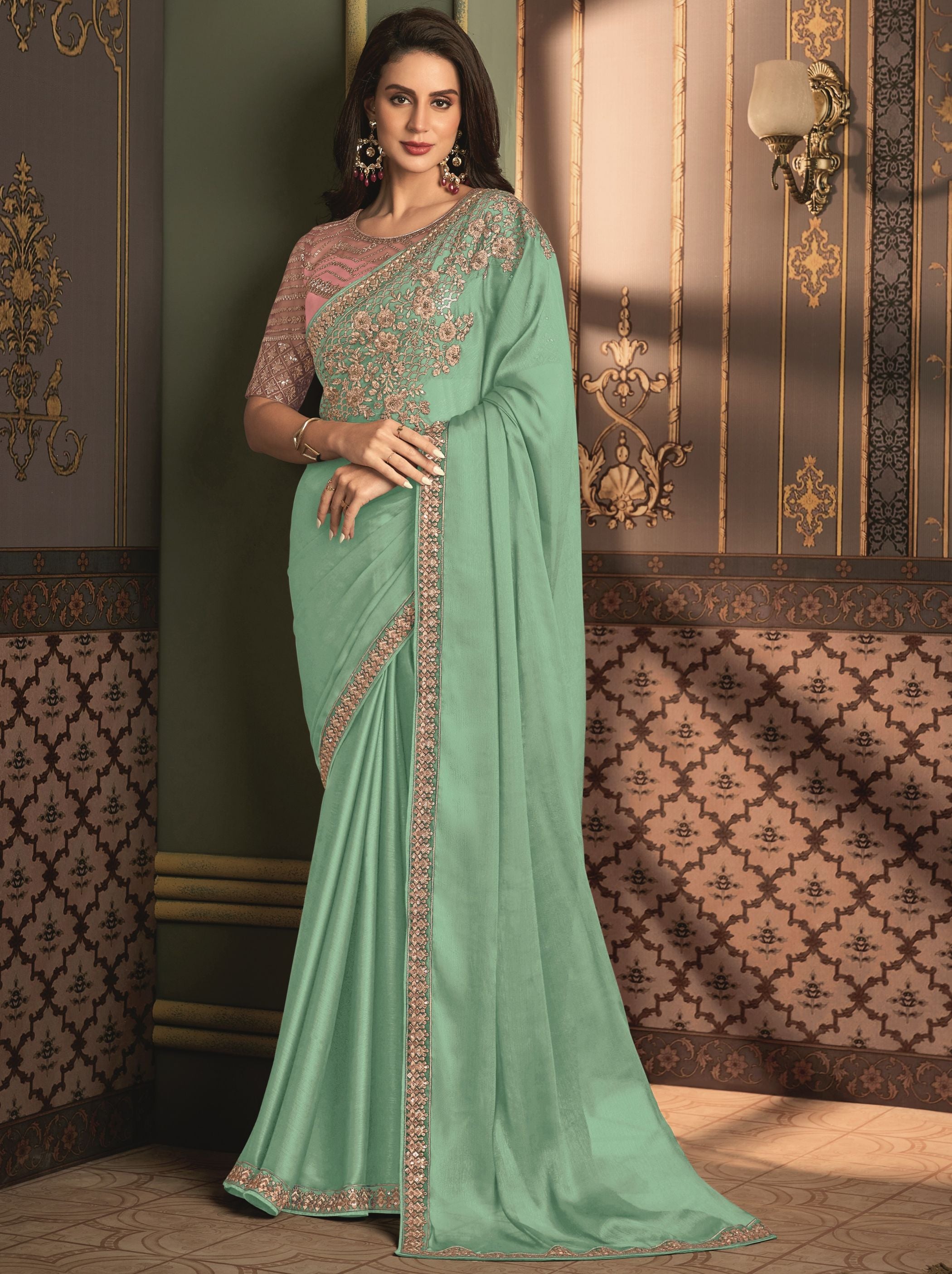 Eton Green premium Georgette Saree - TrendOye
