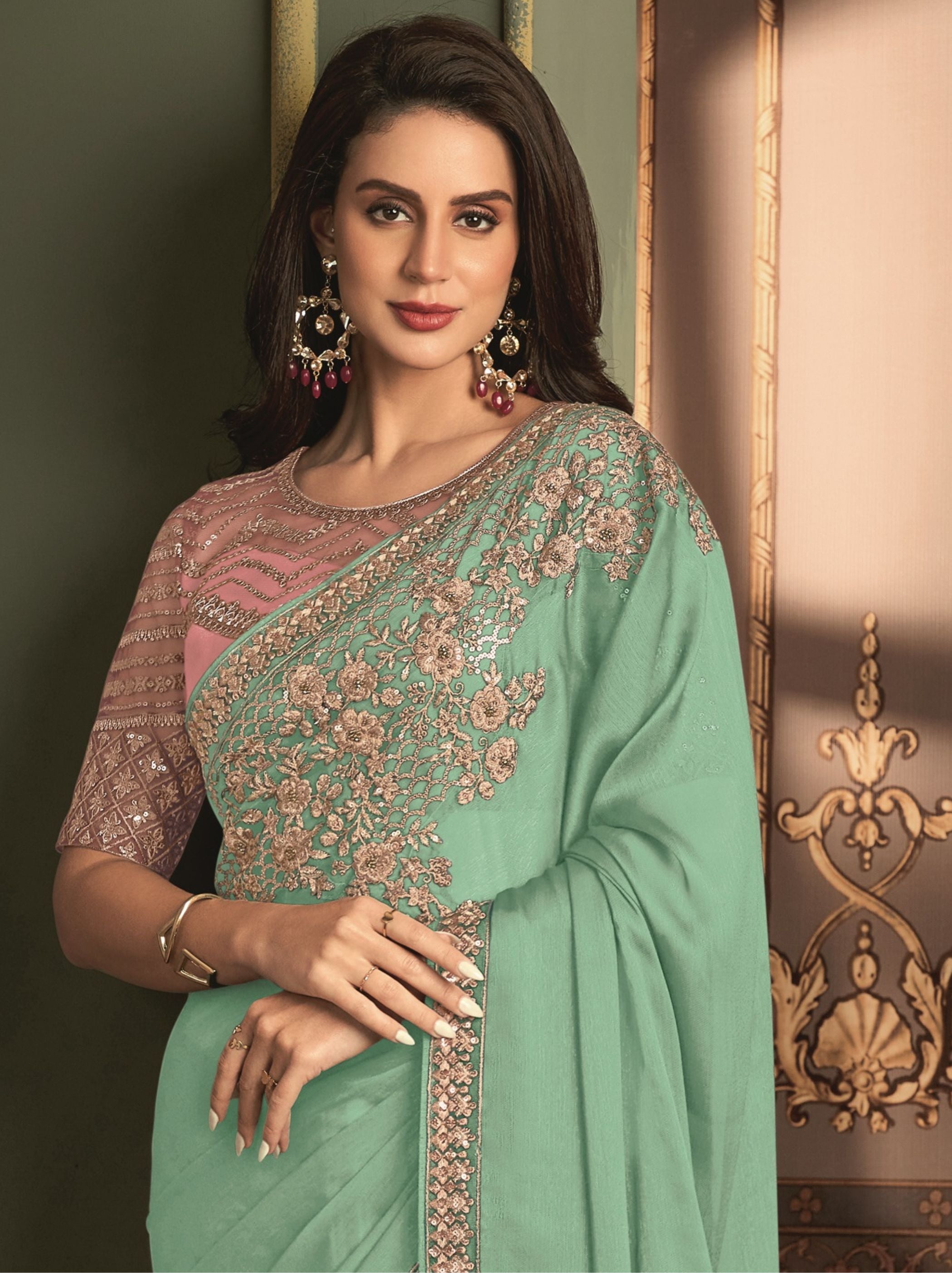 Eton Green premium Georgette Saree - TrendOye