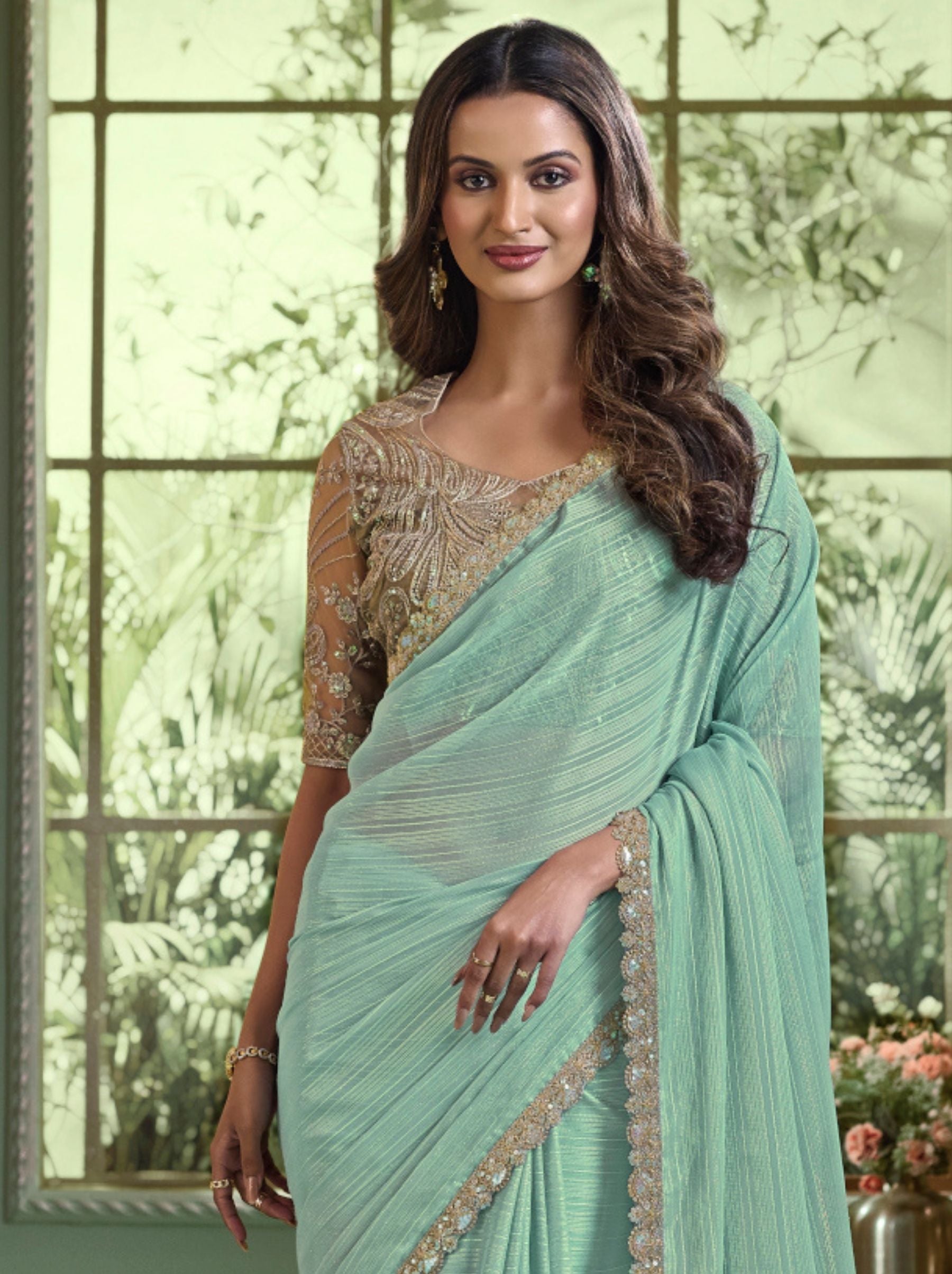 Turquoise Green Premium Fancy Fabric Designer Wedding Party Saree - TrendOye