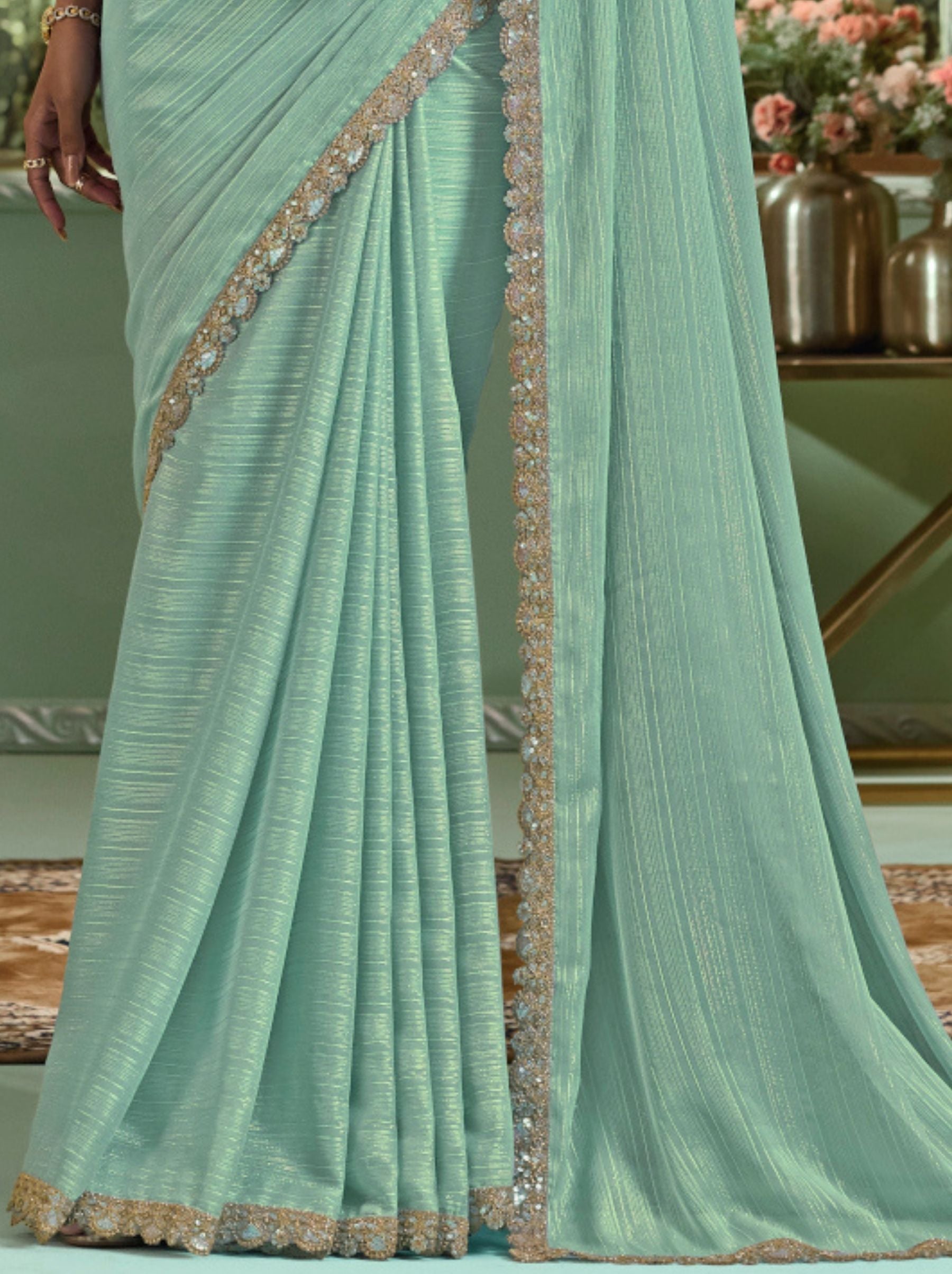 Turquoise Green Premium Fancy Fabric Designer Wedding Party Saree - TrendOye