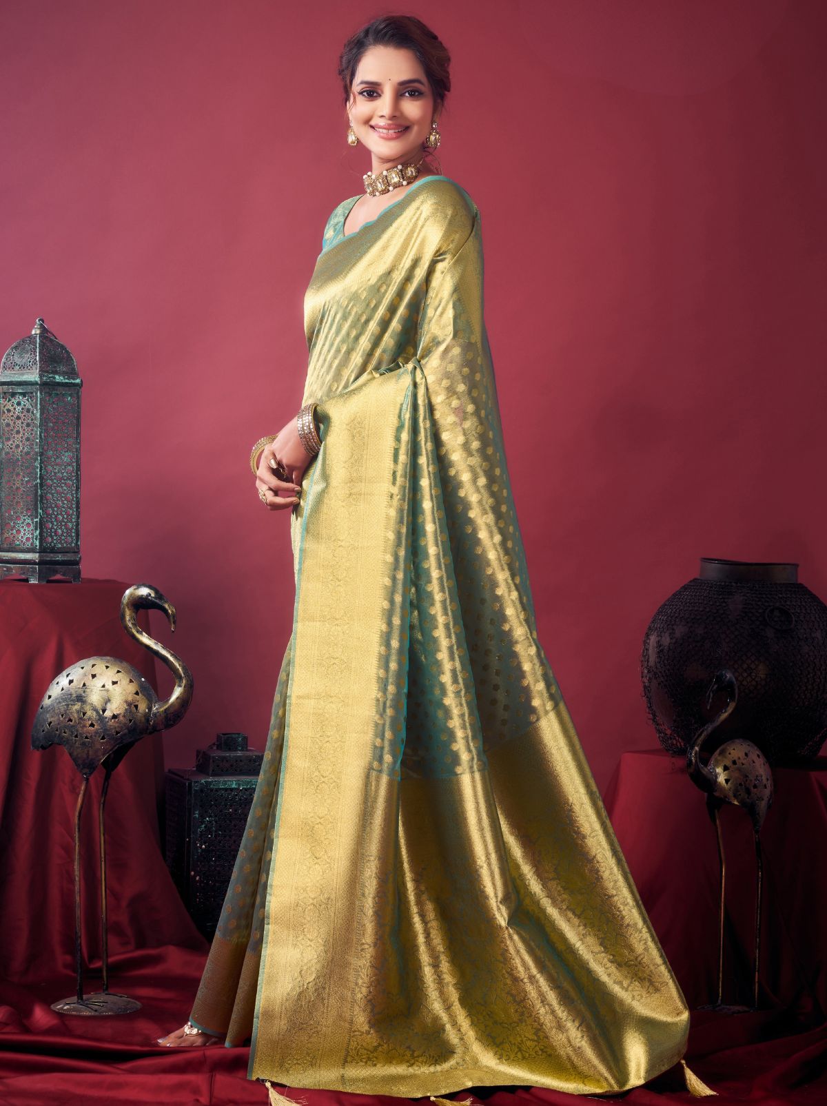 Jade Green Designer Tissue Silk Saree with Tassel Border