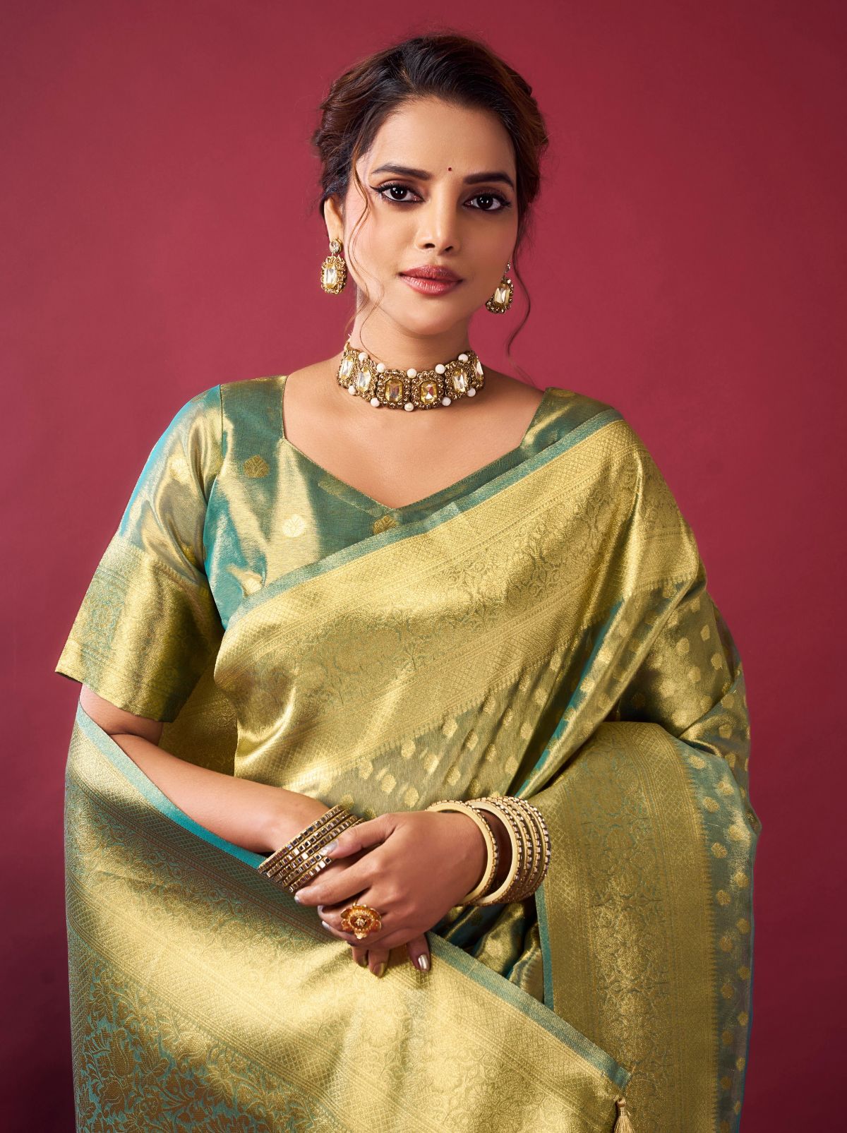 Jade Green Designer Tissue Silk Saree with Tassel Border