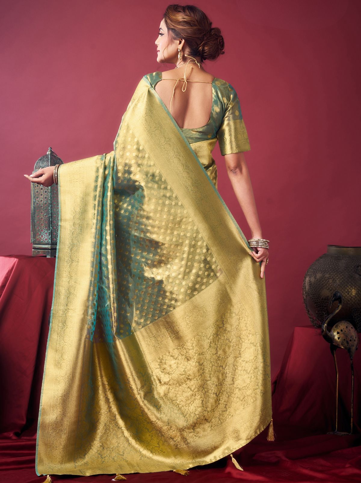 Jade Green Designer Tissue Silk Saree with Tassel Border