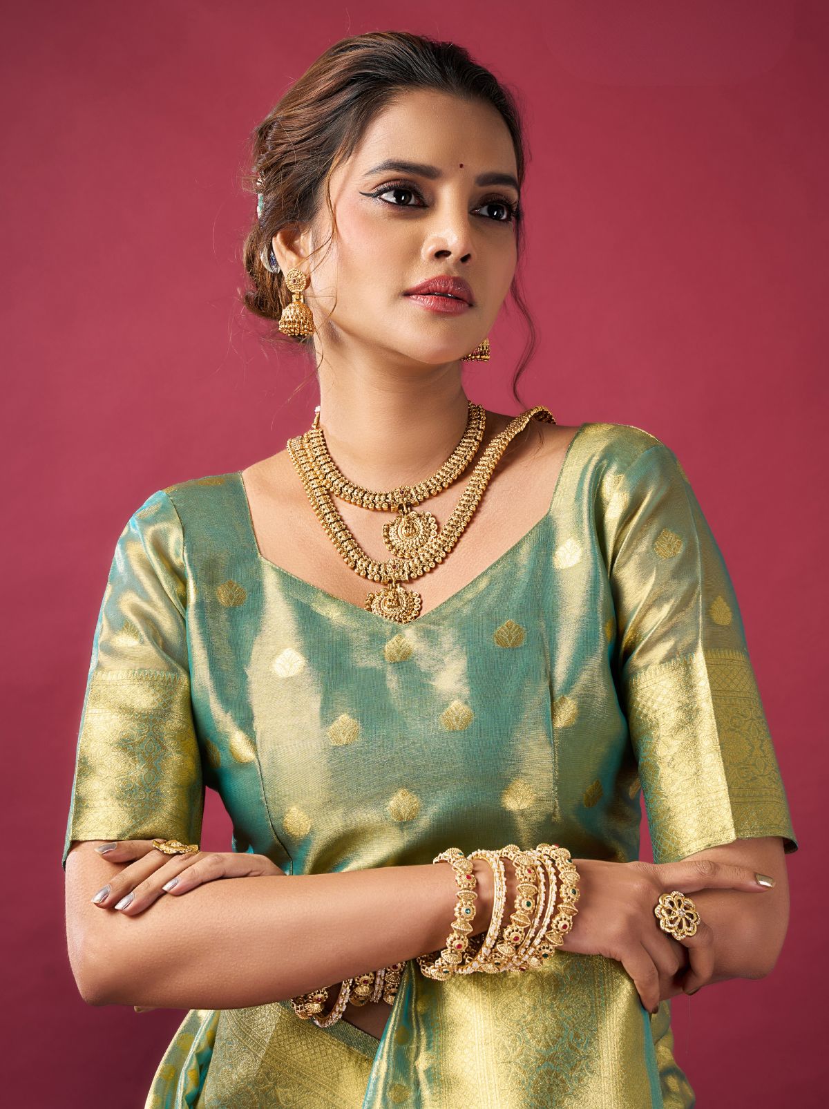 Jade Green Designer Tissue Silk Saree with Tassel Border