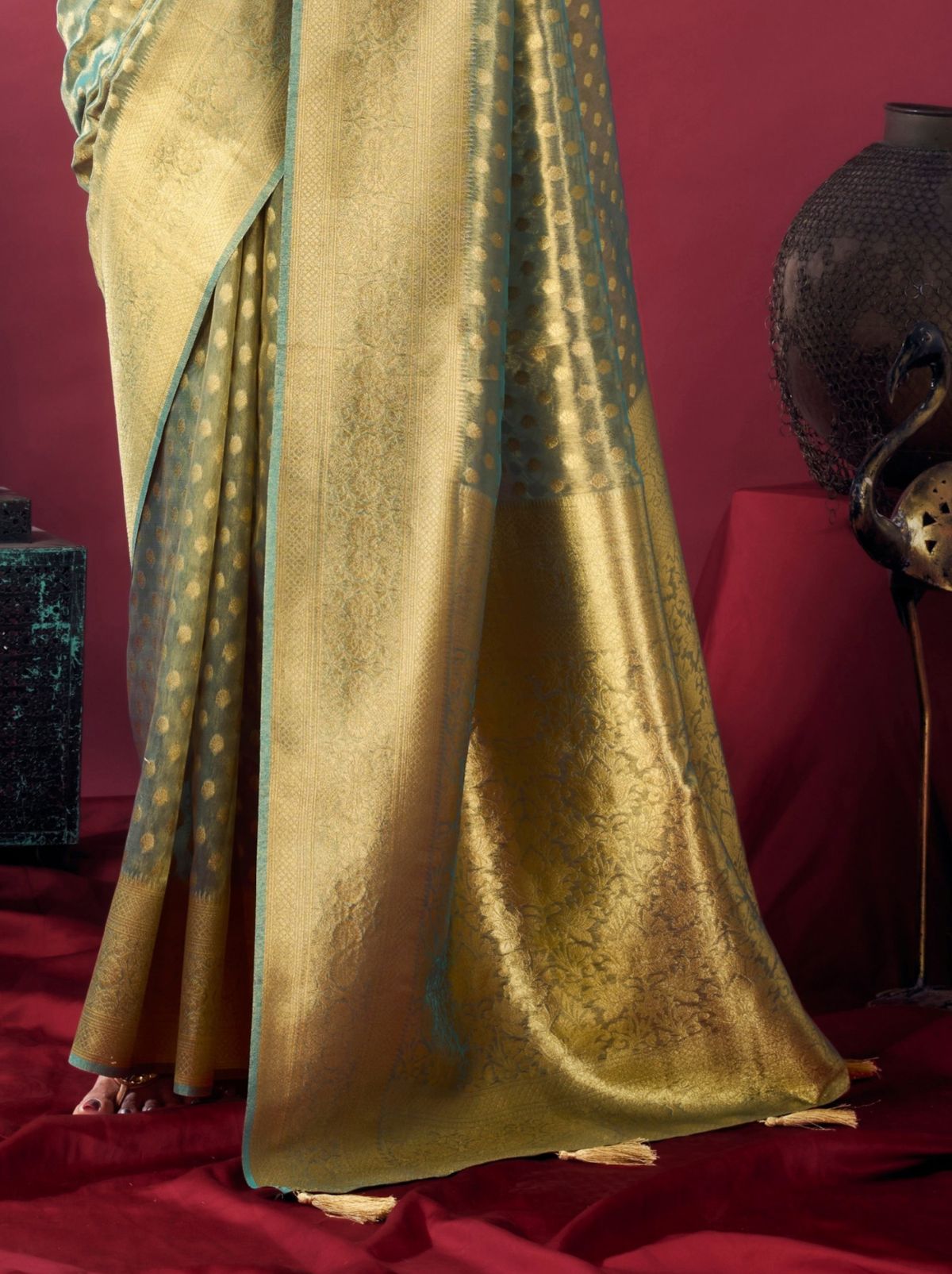 Jade Green Designer Tissue Silk Saree with Tassel Border