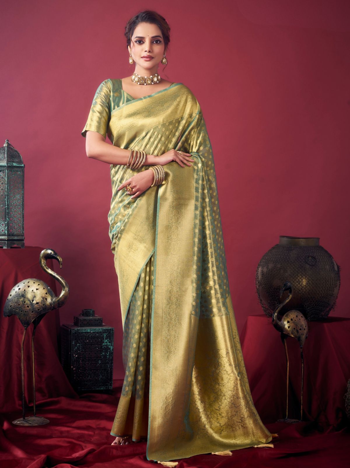 Jade Green Designer Tissue Silk Saree with Tassel Border