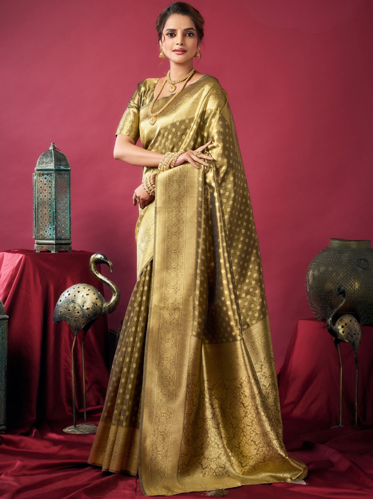 Olive Green Designer Tissue Silk Saree with Tassel Border