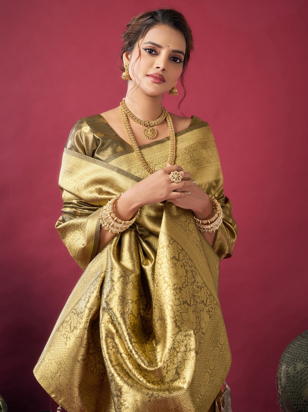 Olive Green Designer Tissue Silk Saree with Tassel Border
