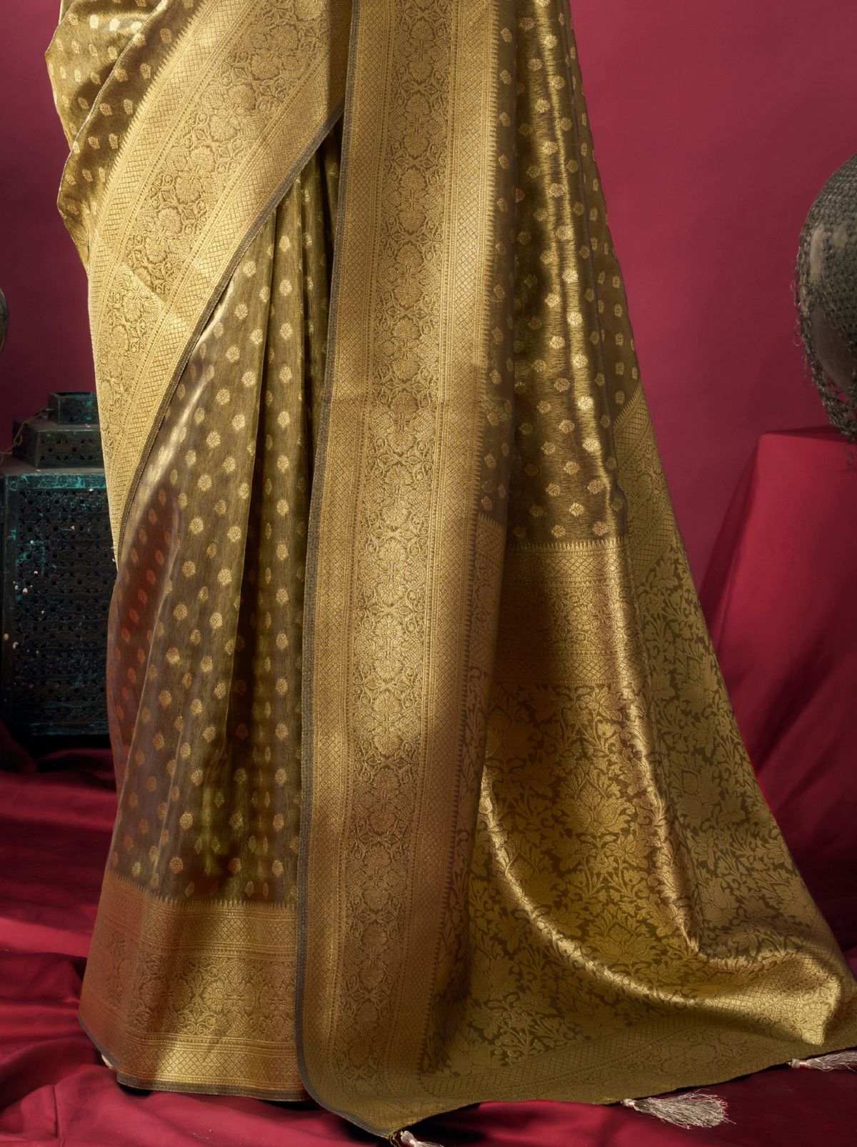 Olive Green Designer Tissue Silk Saree with Tassel Border