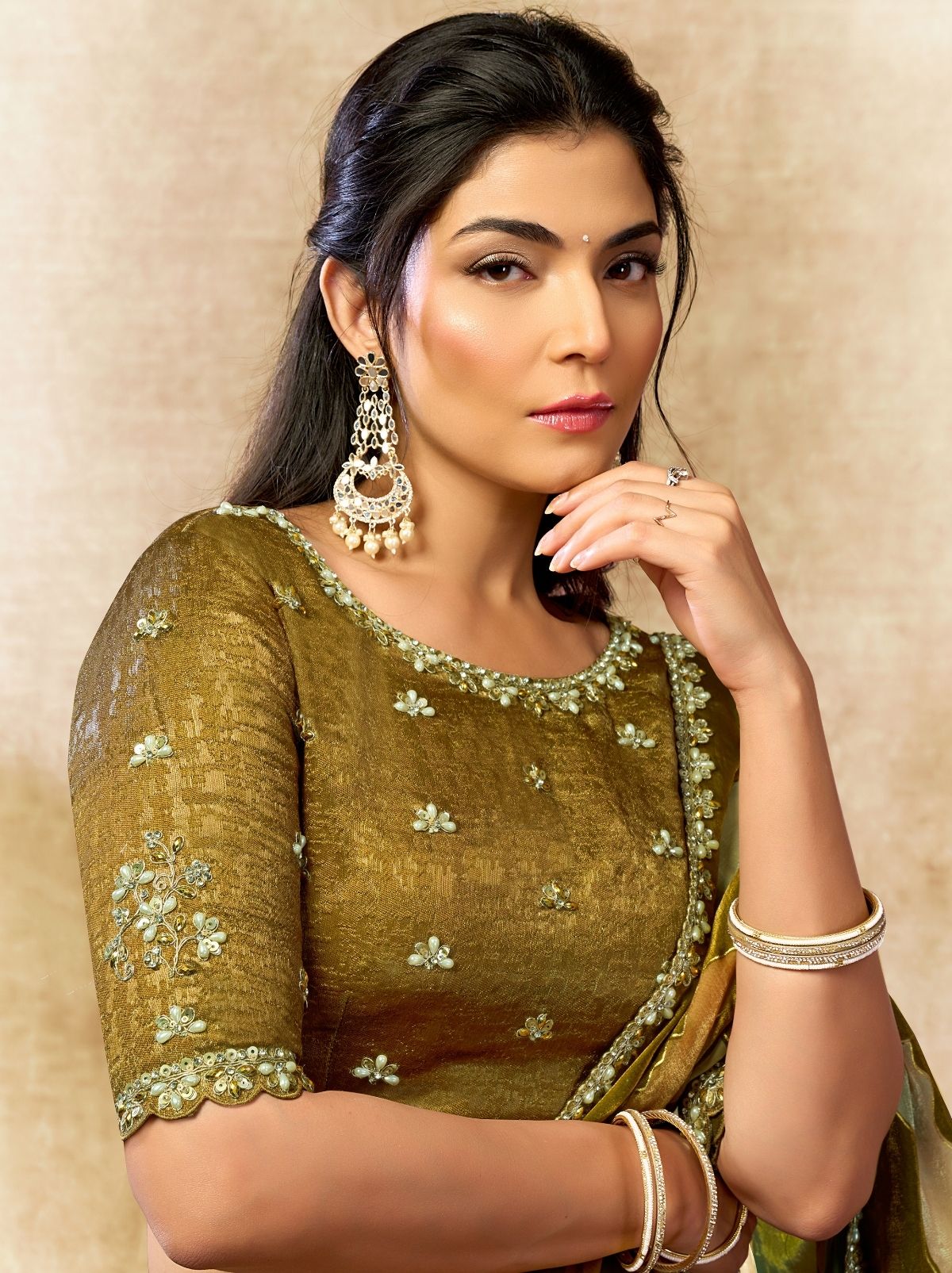 Olive Green Designer Two Tone Satin Silk Saree With Blouse Piece - TrendOye