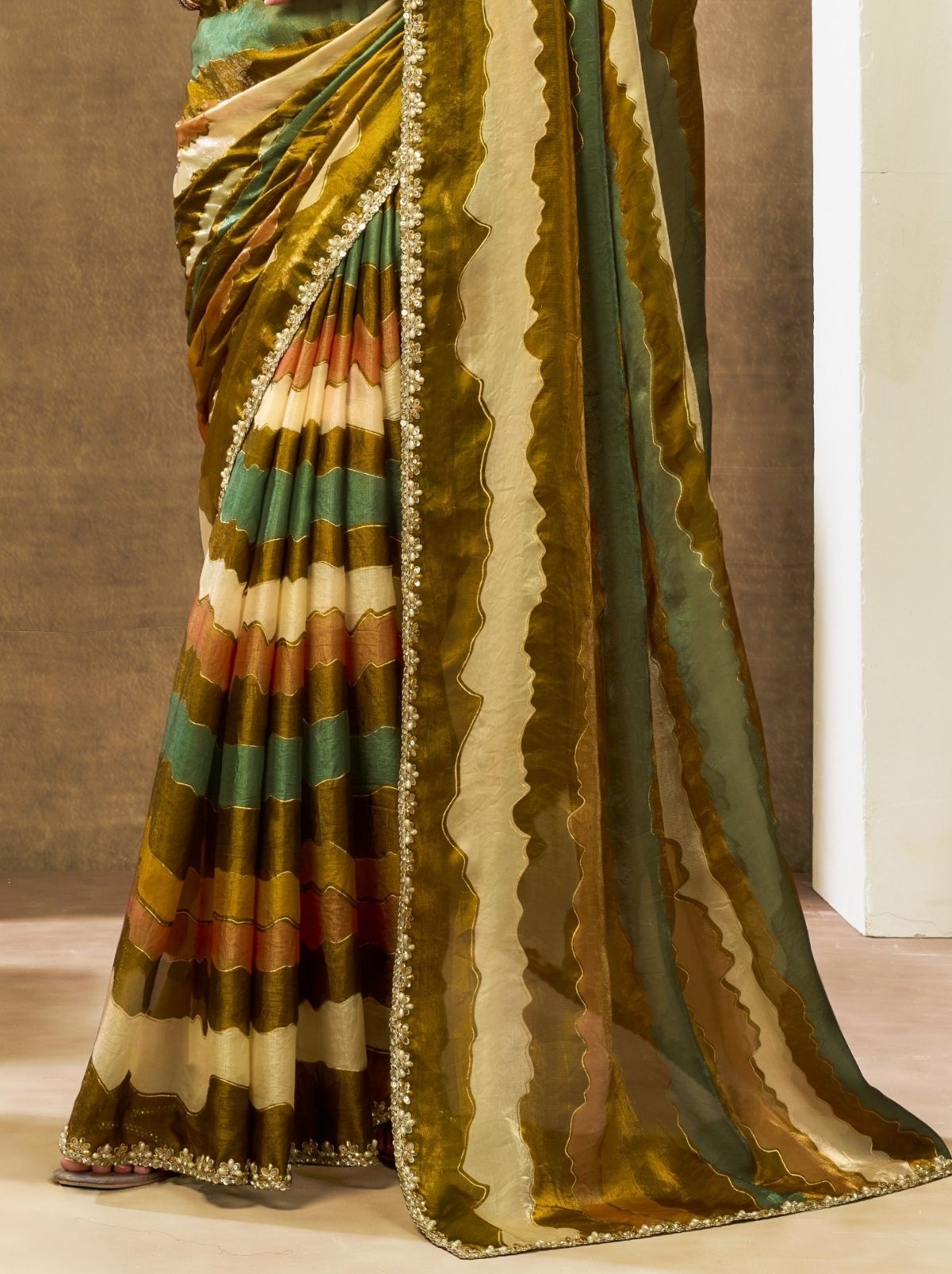 Olive Green Designer Two Tone Satin Silk Saree With Blouse Piece - TrendOye
