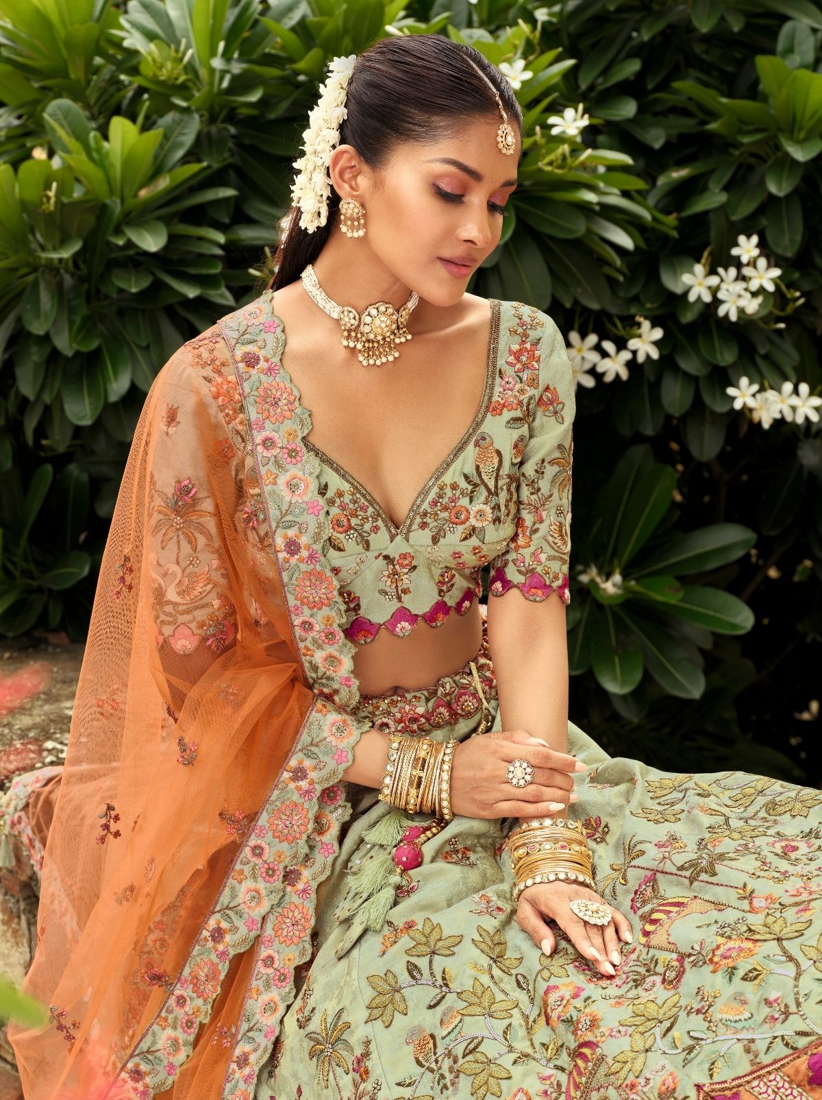 Tea Green Designer Wedding Lehenga Set With Cut Work Border