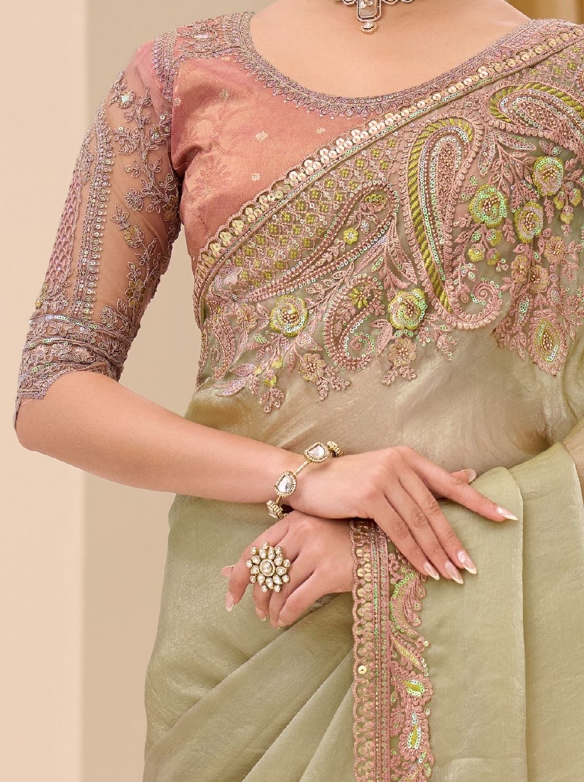 Tea Green Designer Wedding saree With Blouse Piece - TrendOye