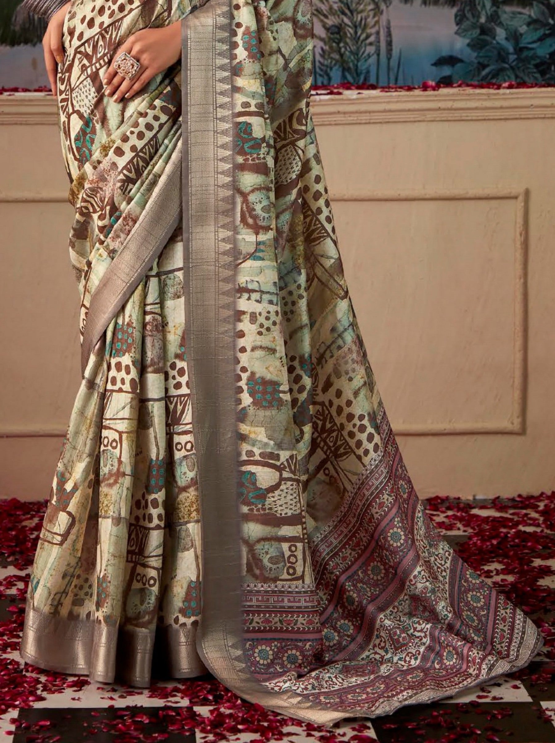 Tea Green Fancy Digital Silk Festive Saree - TrendOye