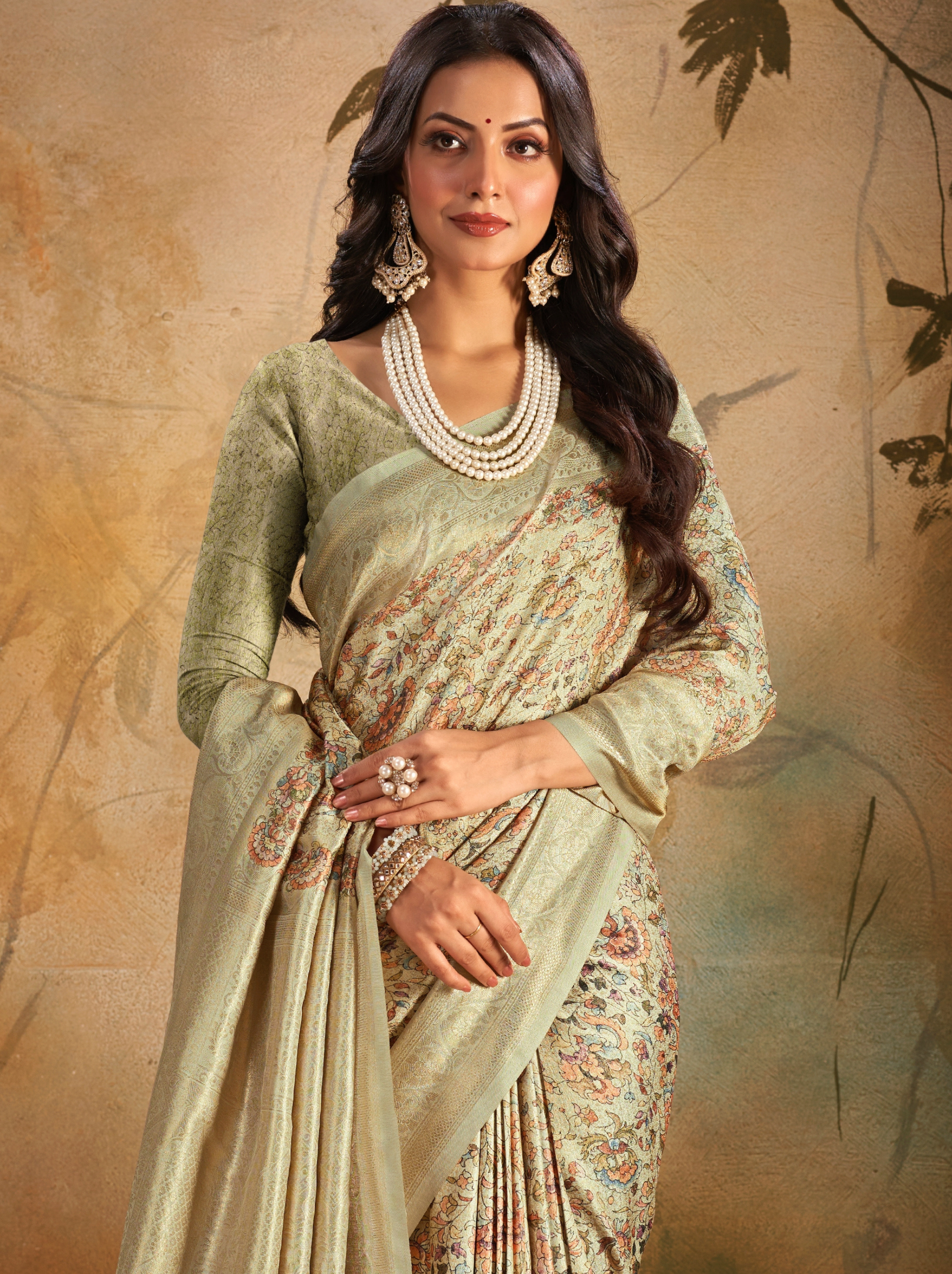 Sage Green Fine Digital Silk Party Saree With Blouse Piece - TrendOye