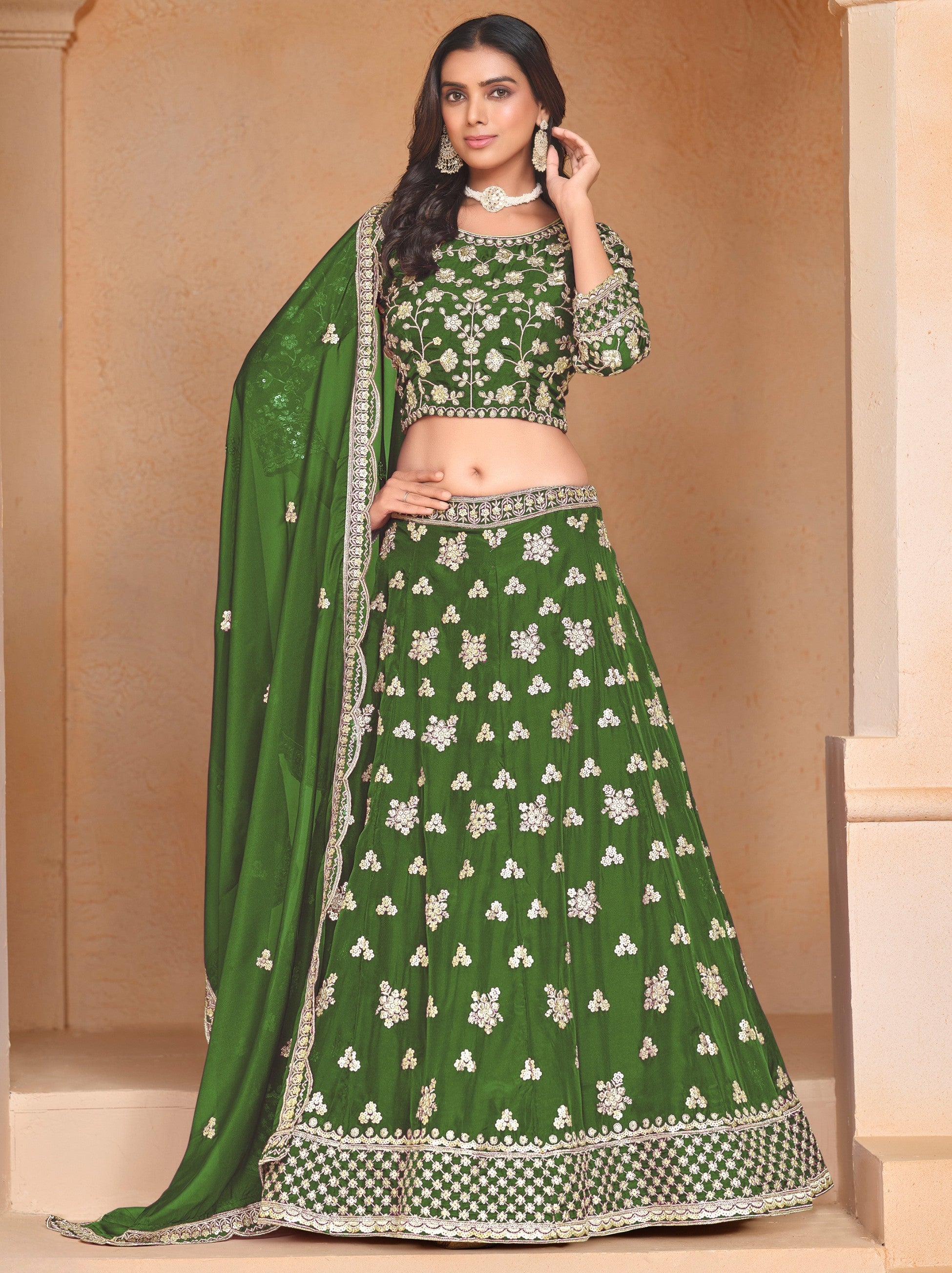 Fern Green Designer Party Lehenga Set With Sequin And Zari Work - TrendOye