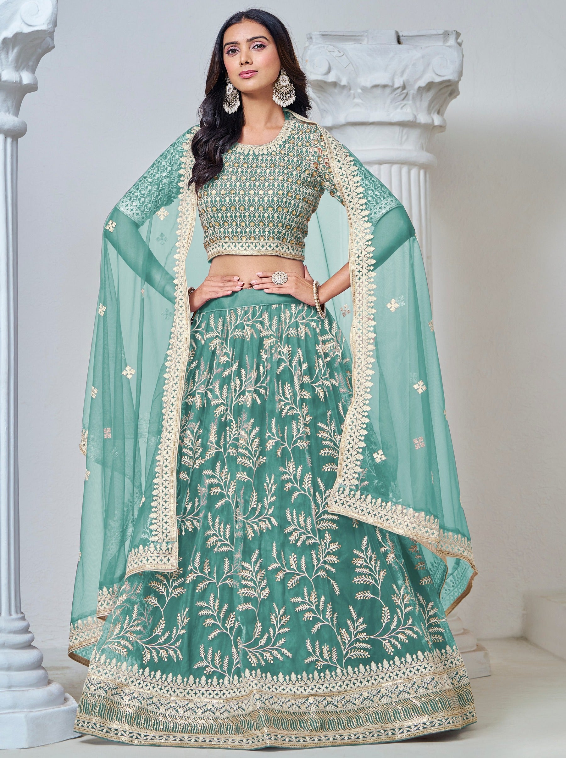 Elegant Mint Green Net Lehenga Set With Thread And Sequin Work - TrendOye