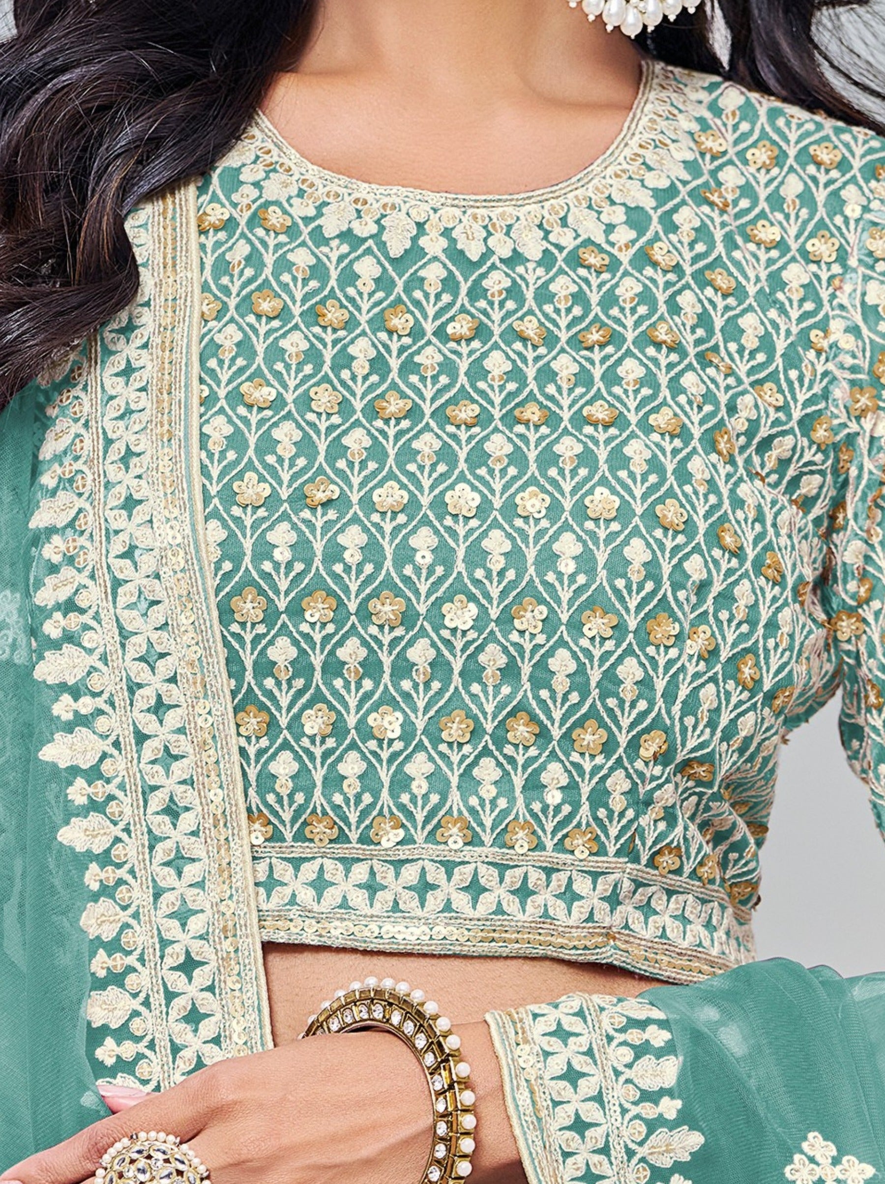 Elegant Mint Green Net Lehenga Set With Thread And Sequin Work - TrendOye