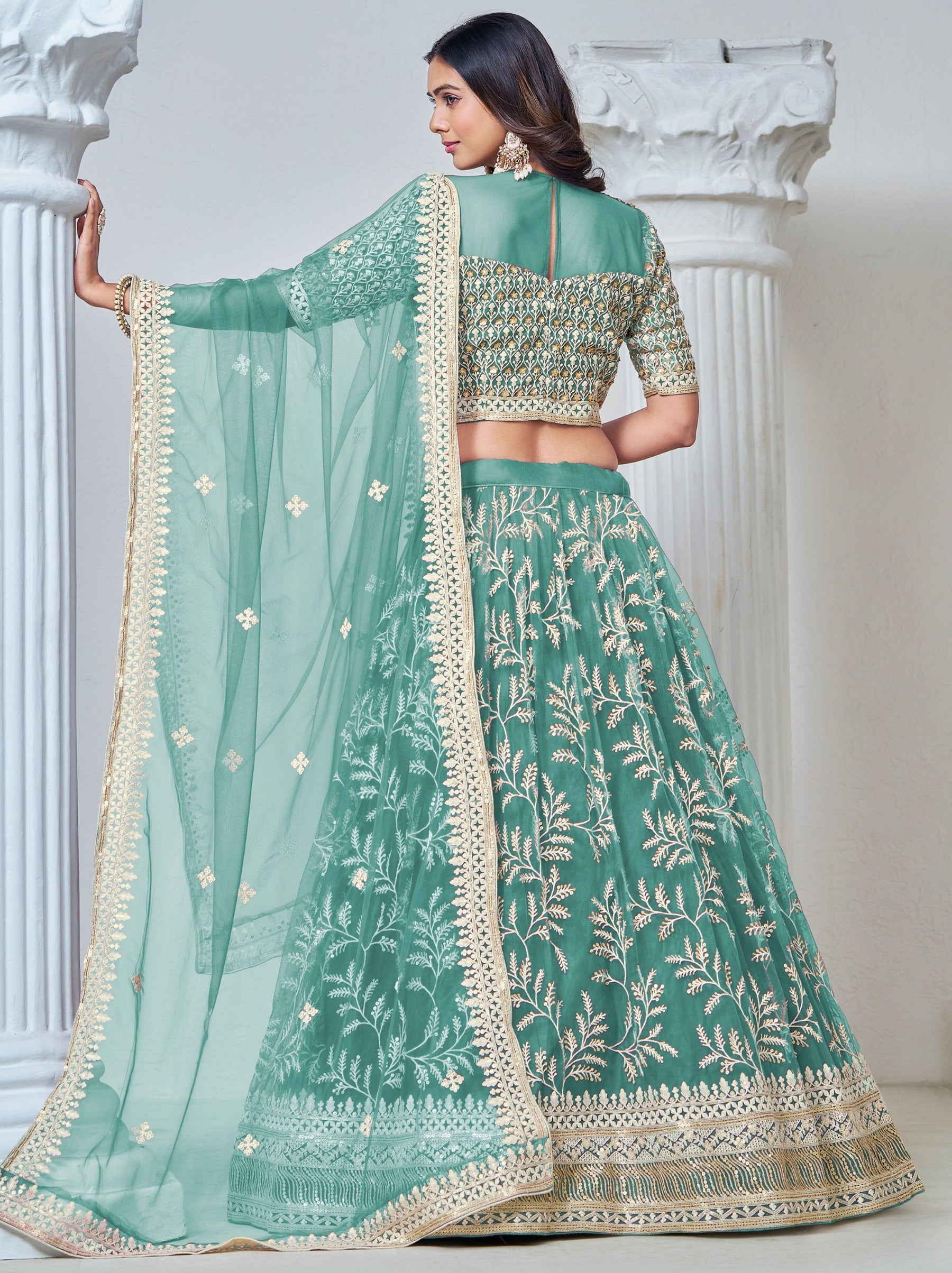 Elegant Mint Green Net Lehenga Set With Thread And Sequin Work - TrendOye