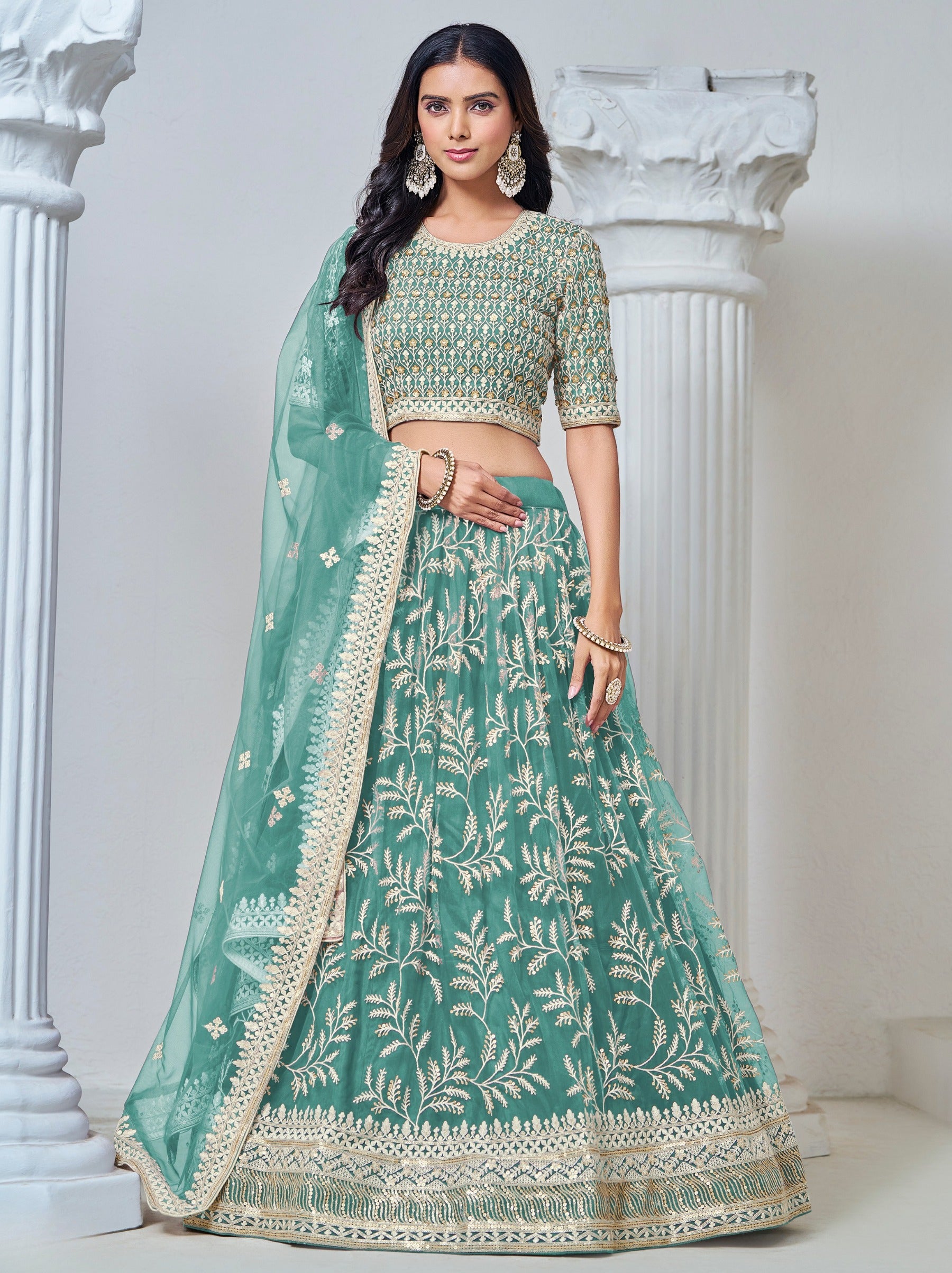 Elegant Mint Green Net Lehenga Set With Thread And Sequin Work - TrendOye