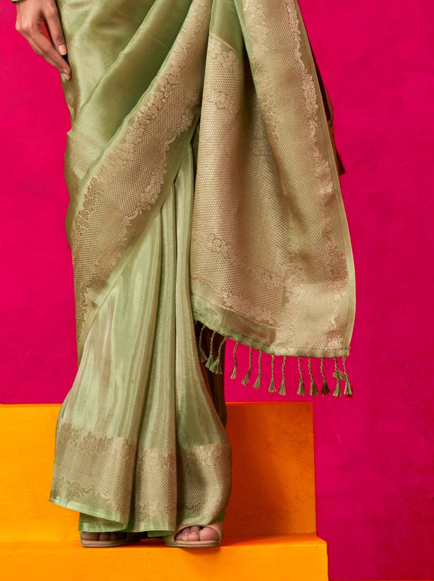 Jade Green Tissue Silk Party Saree - TrendOye