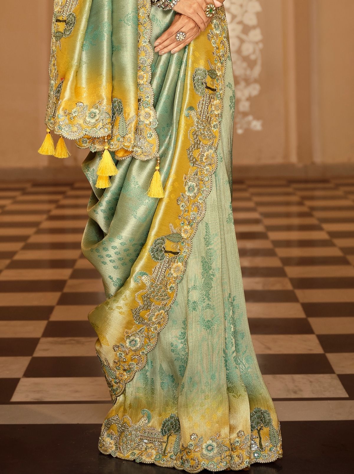 Pastel Green Elegant Designer Wedding Wear Saree With Blouse Piece - TrendOye