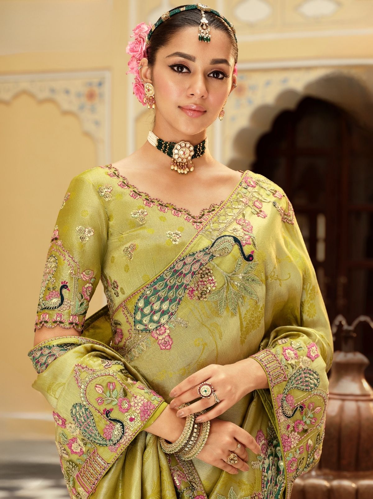 Apple Green Fine Soft Silk Saree with Heavy Embroidery Work - TrendOye